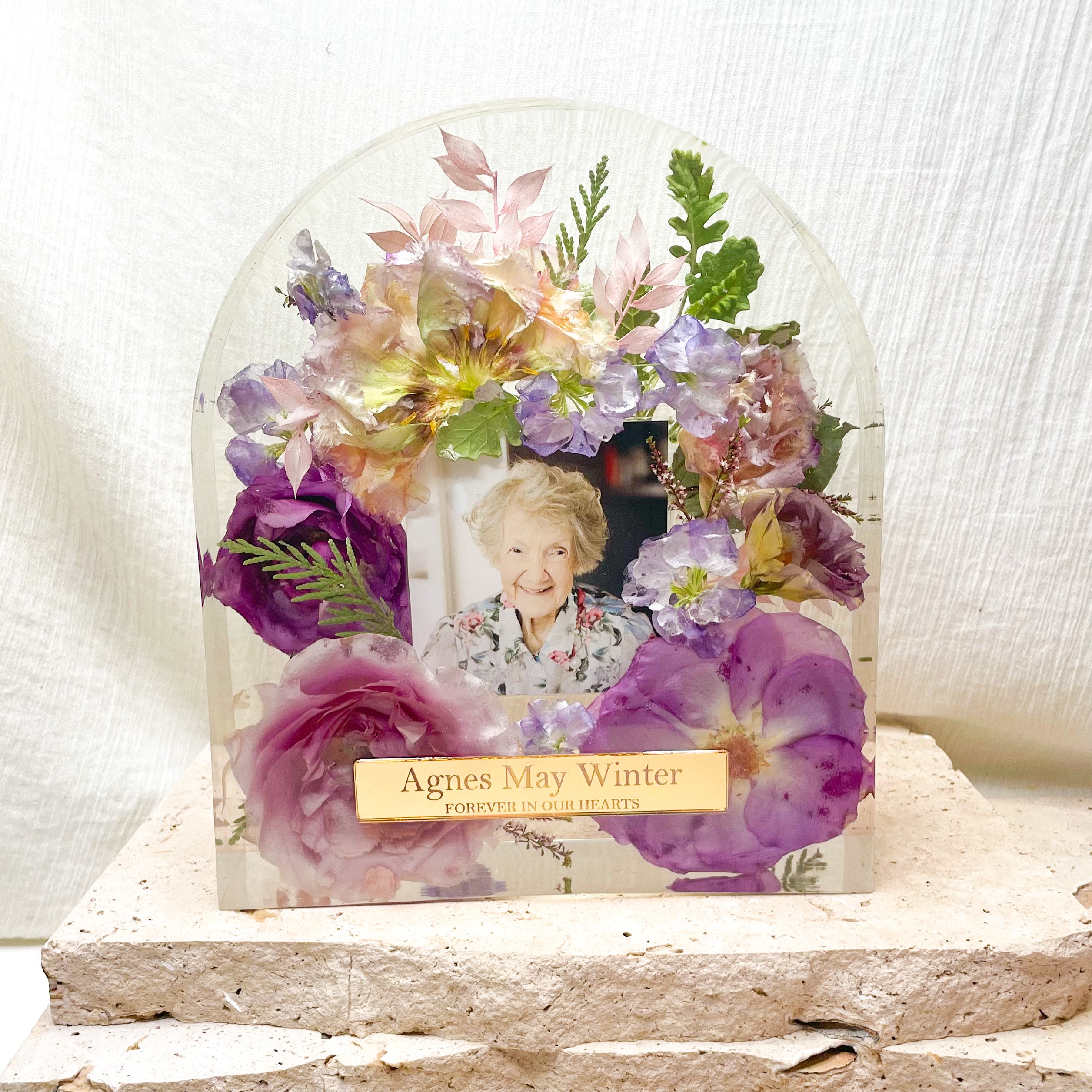 Preserved memorial flowers in extra large resin arch with photo and gold plaque