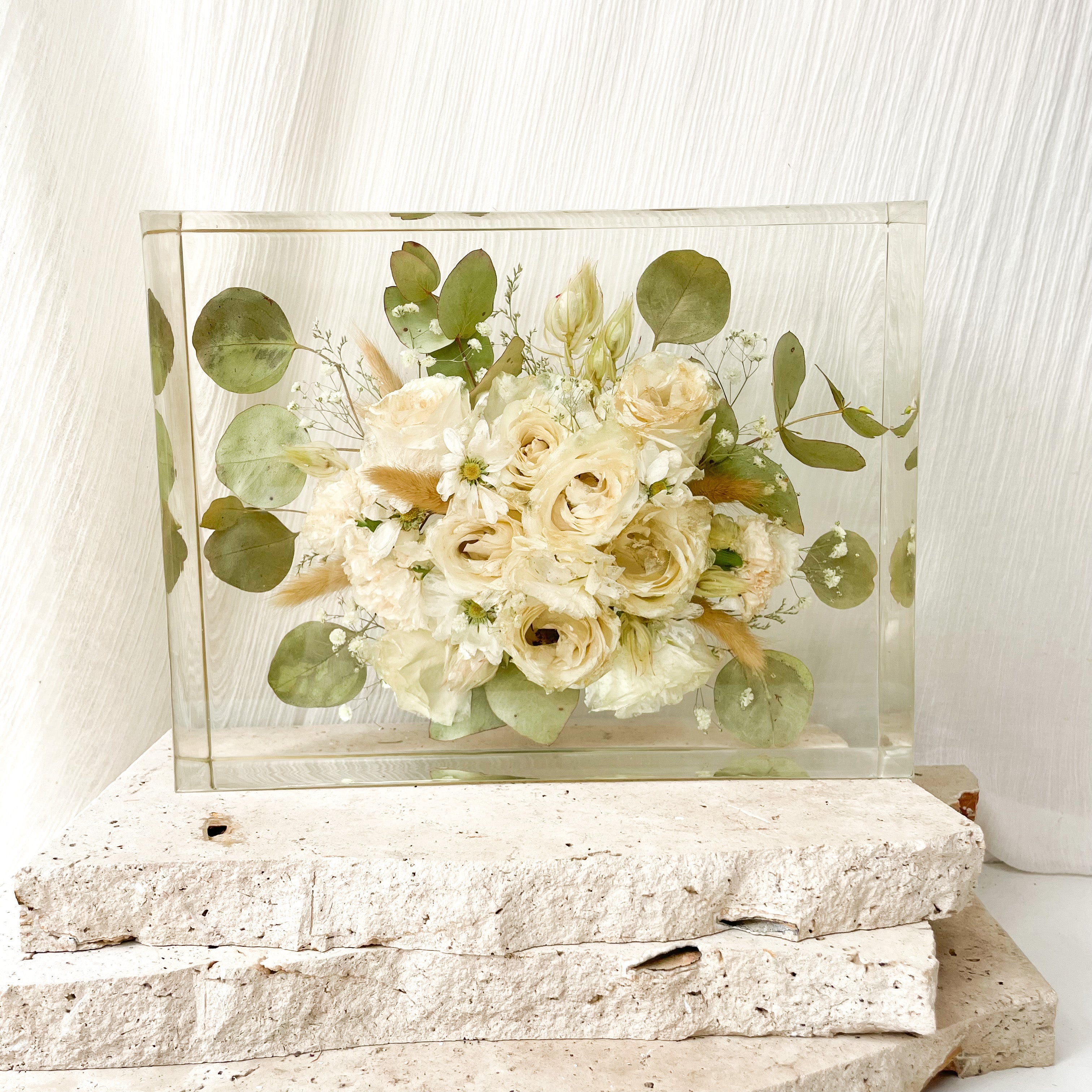 Preserved wedding bouquet rectangle resin block flower cast - white and greenery flowers