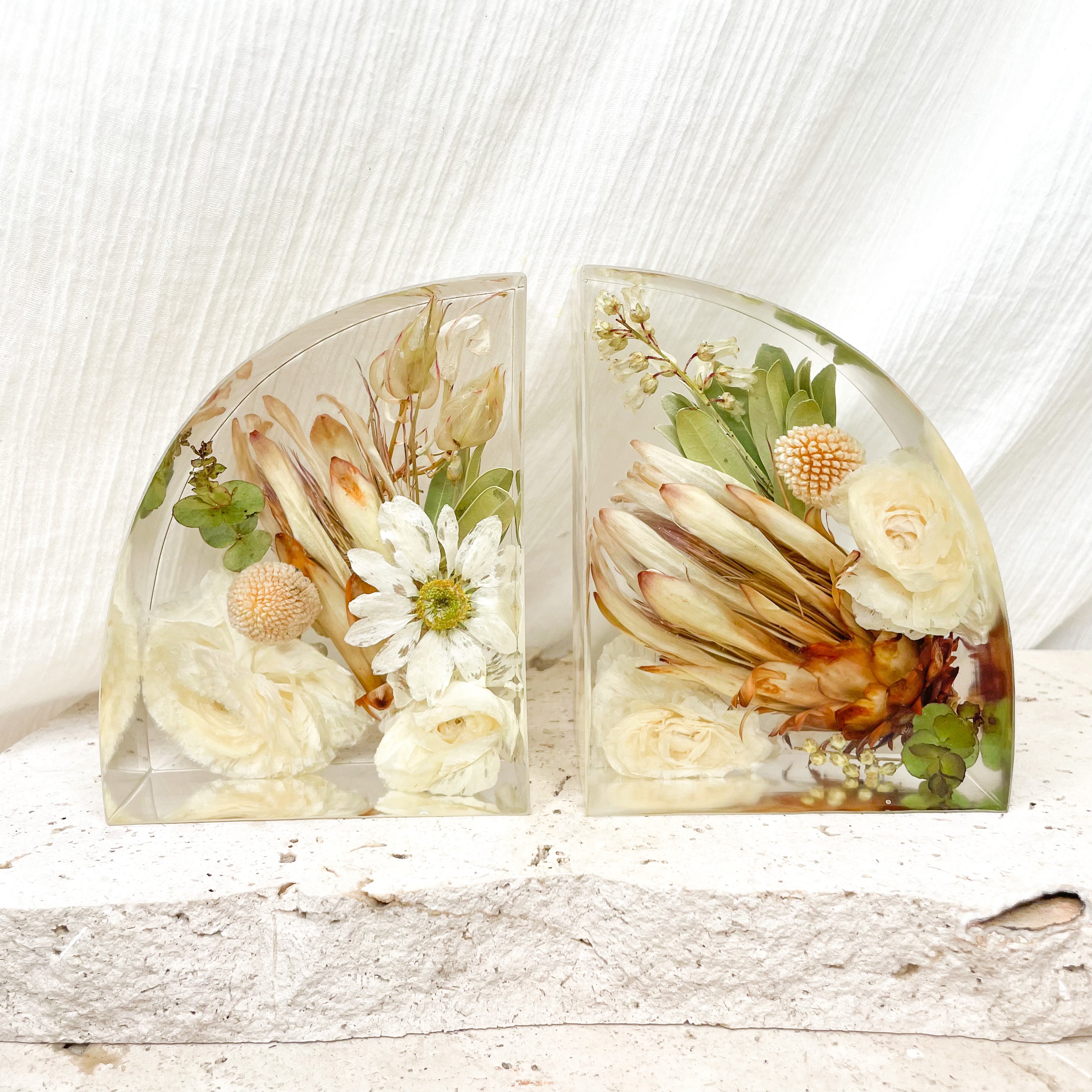 Preserved wedding bouquet resin-bookend-set - white and green flowers, native protea banksias
