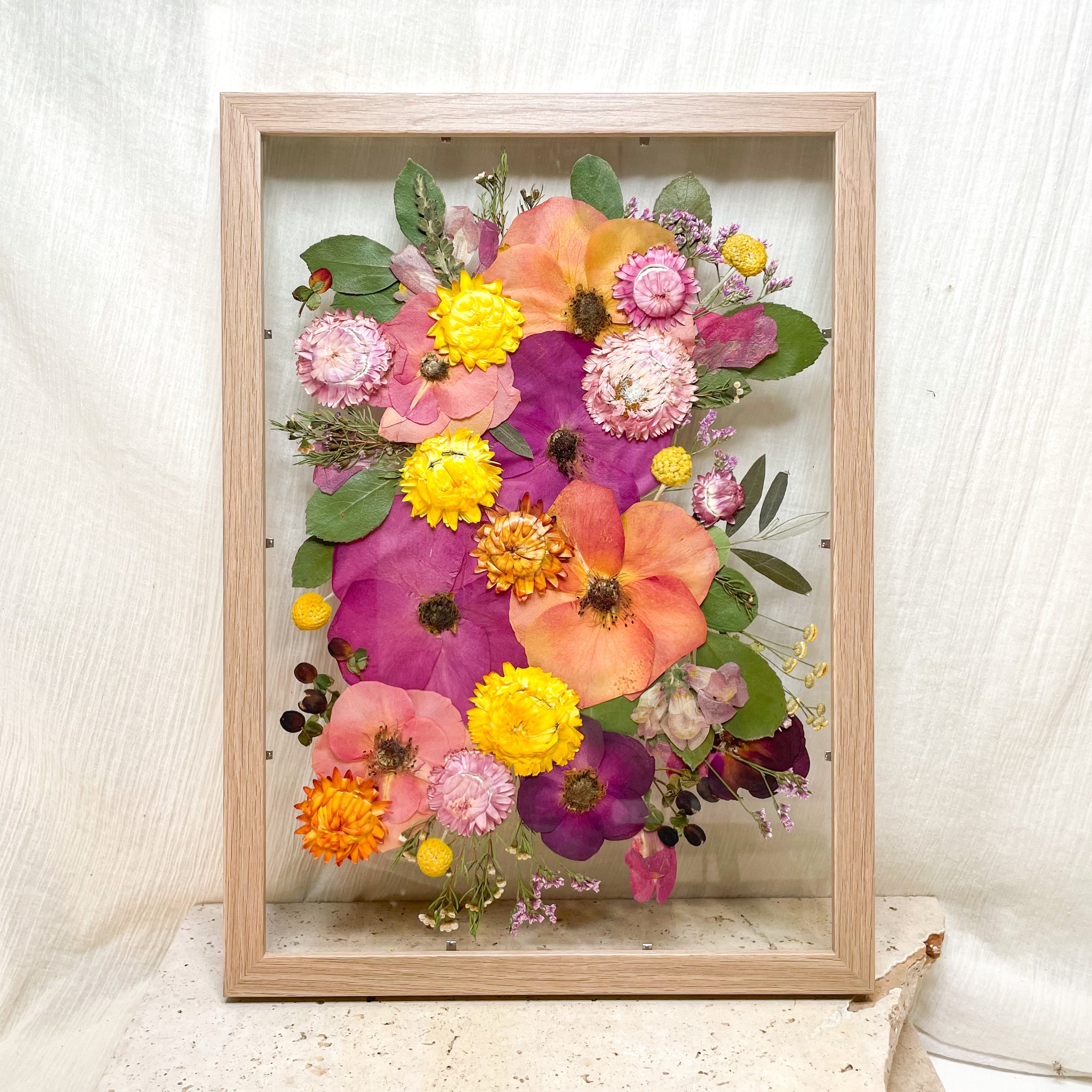 Preserved pressed wedding bouquet - bright wedding flowers roses set in a floating frame mount