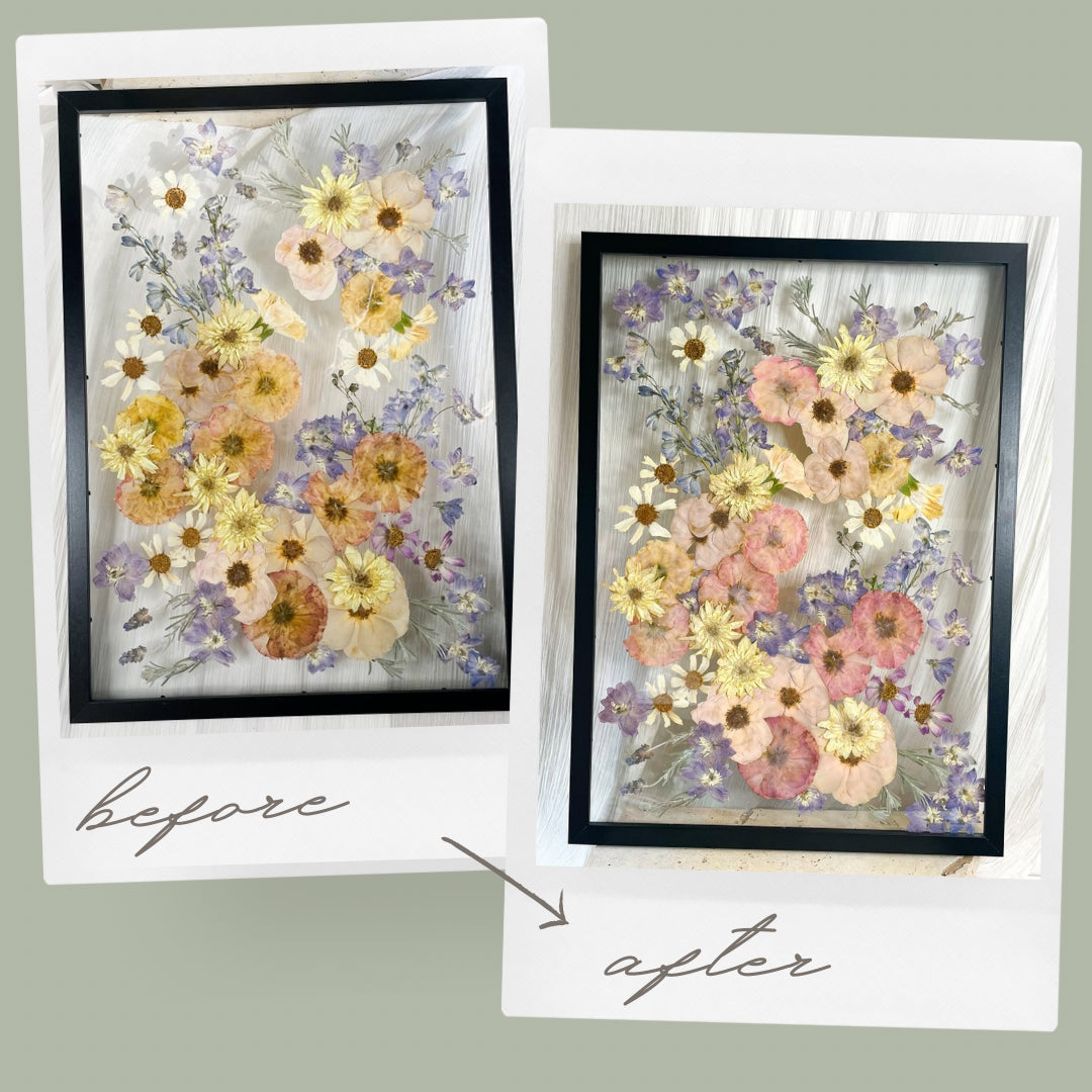 Flower Colour correcting - before and after - preserved wedding flowers - pressed flower frame transformation
