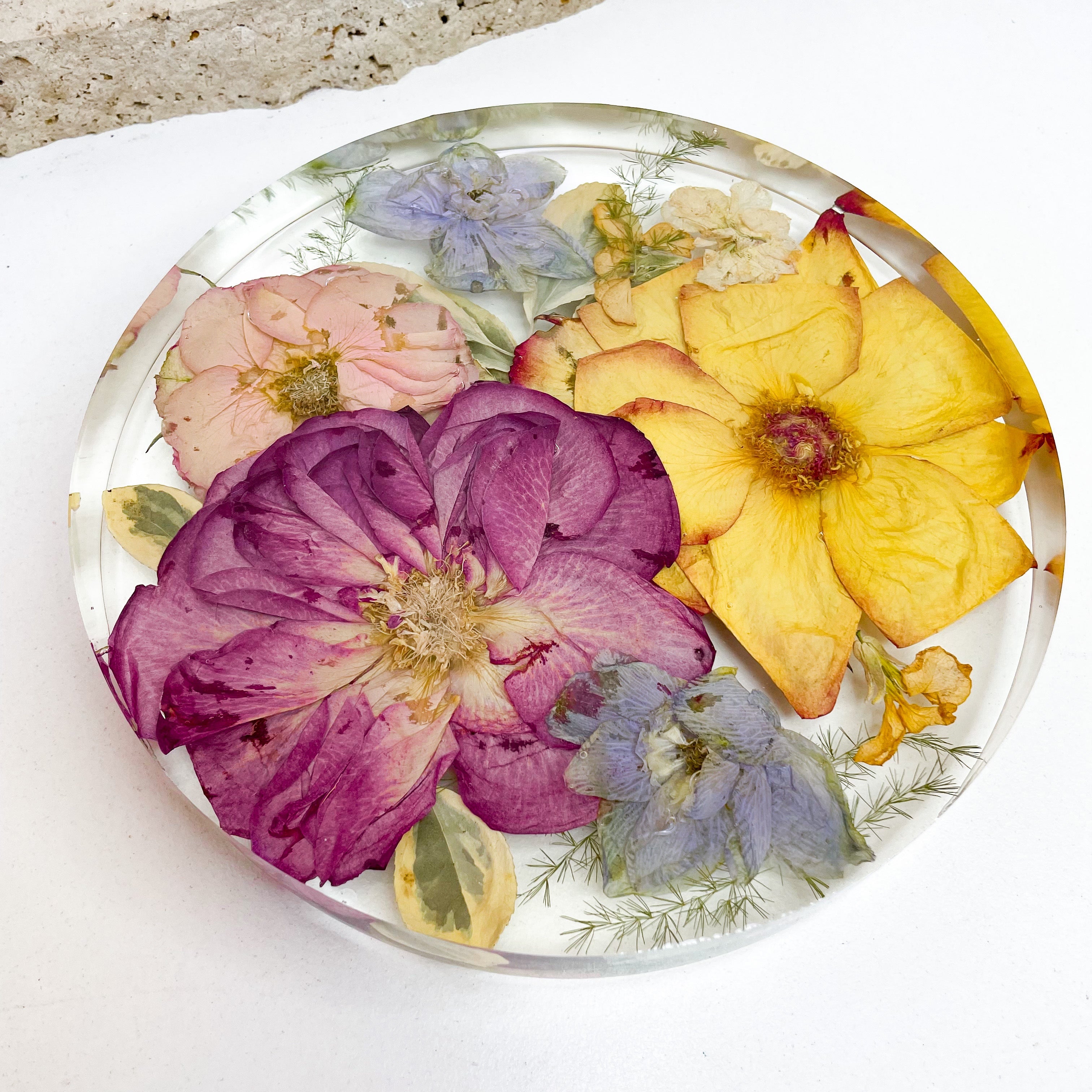 Preserved wedding flower bouquet - resin round circle tray - display stand pressed flowers