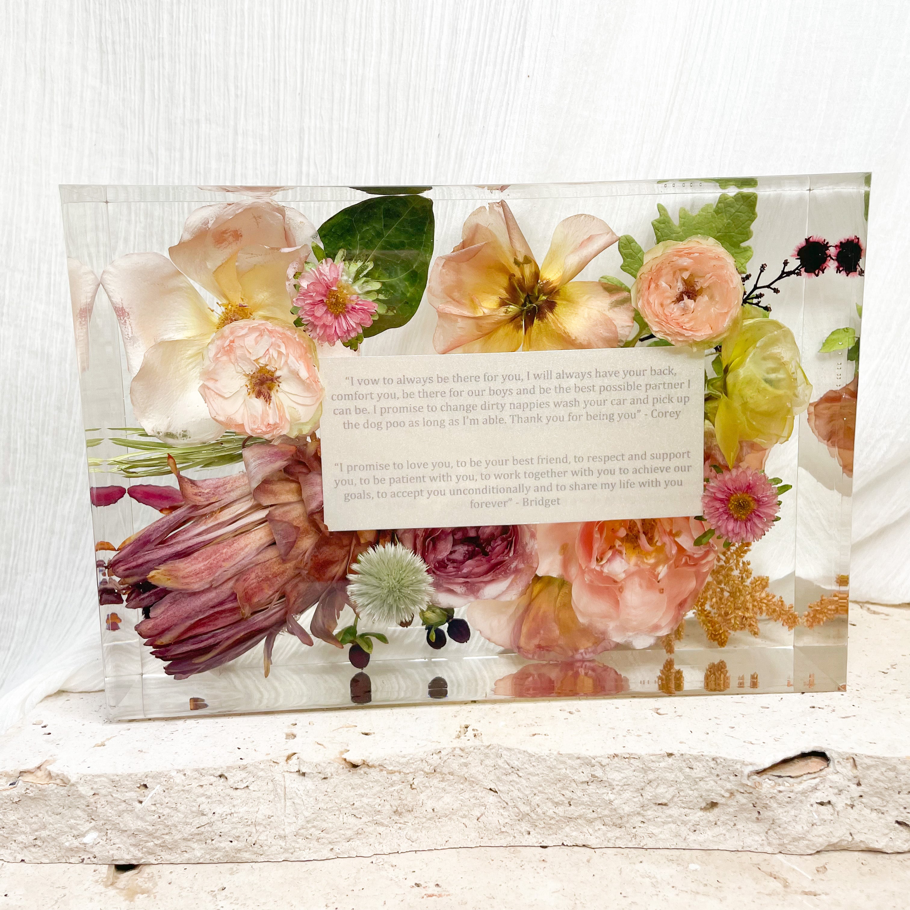 Preserved wedding bouquet rectangle resin block flower cast - bright native flower bouquet - vows and flowers set