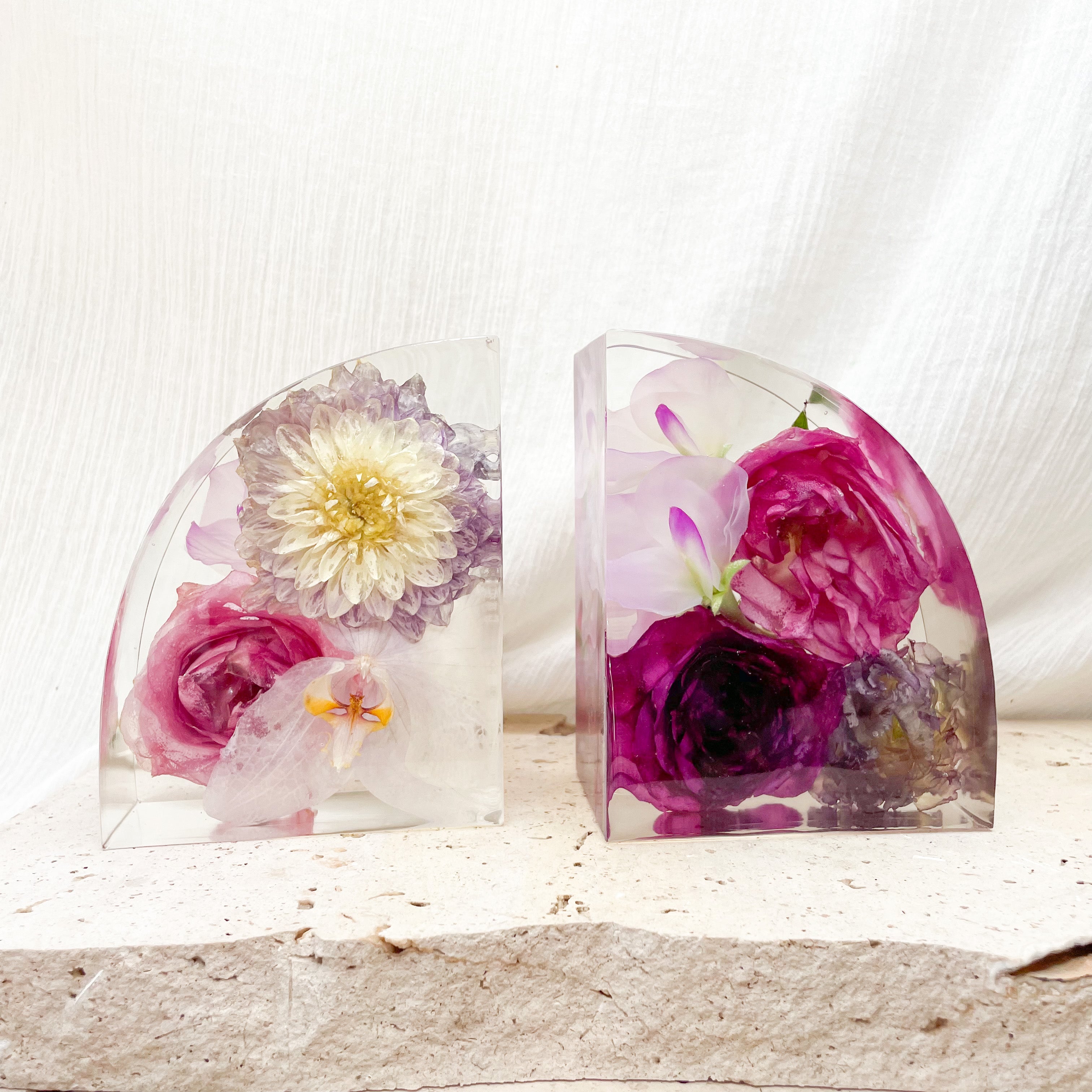 Preserved wedding bouquet resin-bookend-set - flowers pink rose