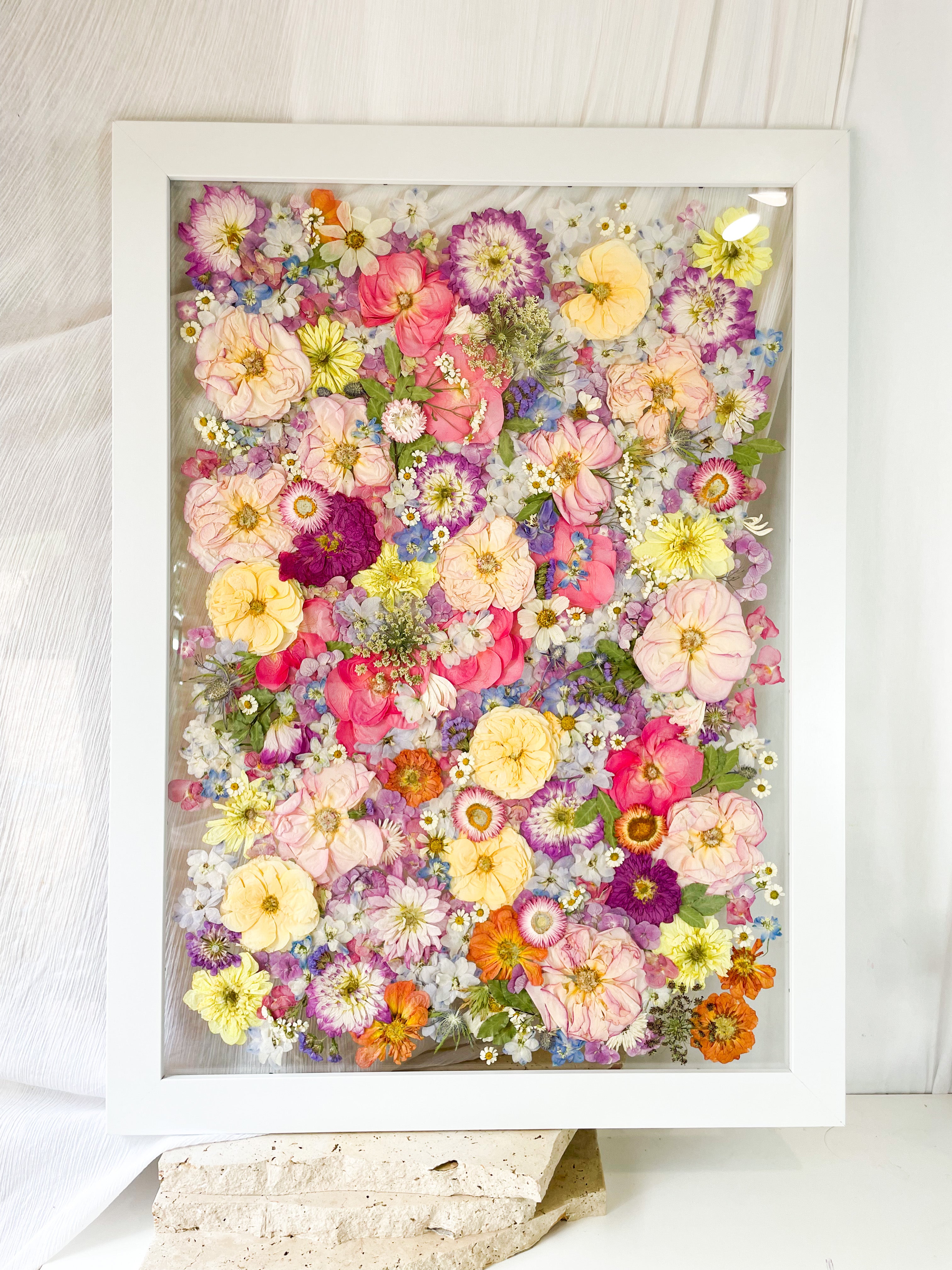 custom-pressed-flower-framing-floating-mount- Chloe Hayden wedding bouquet preserved