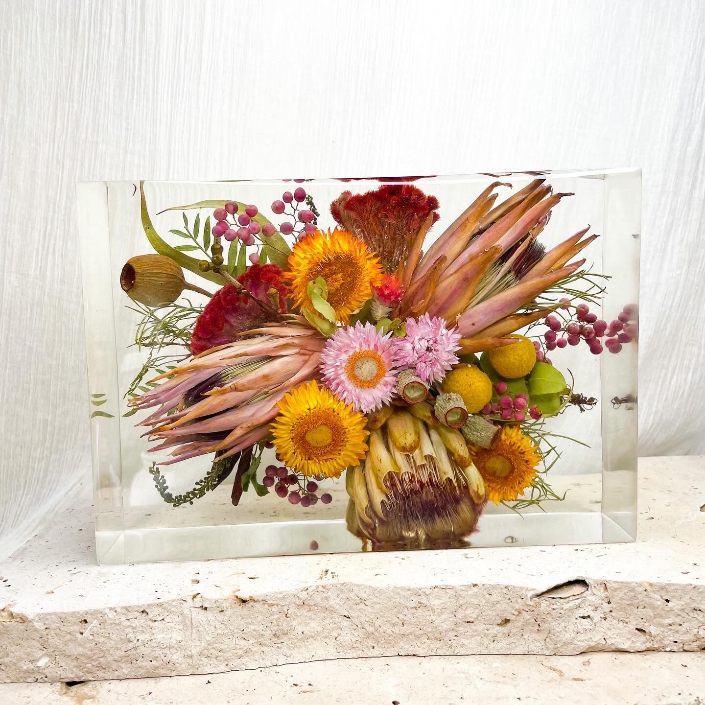 Preserved wedding bouquet rectangle resin block flower cast - bright colourful native bouquet