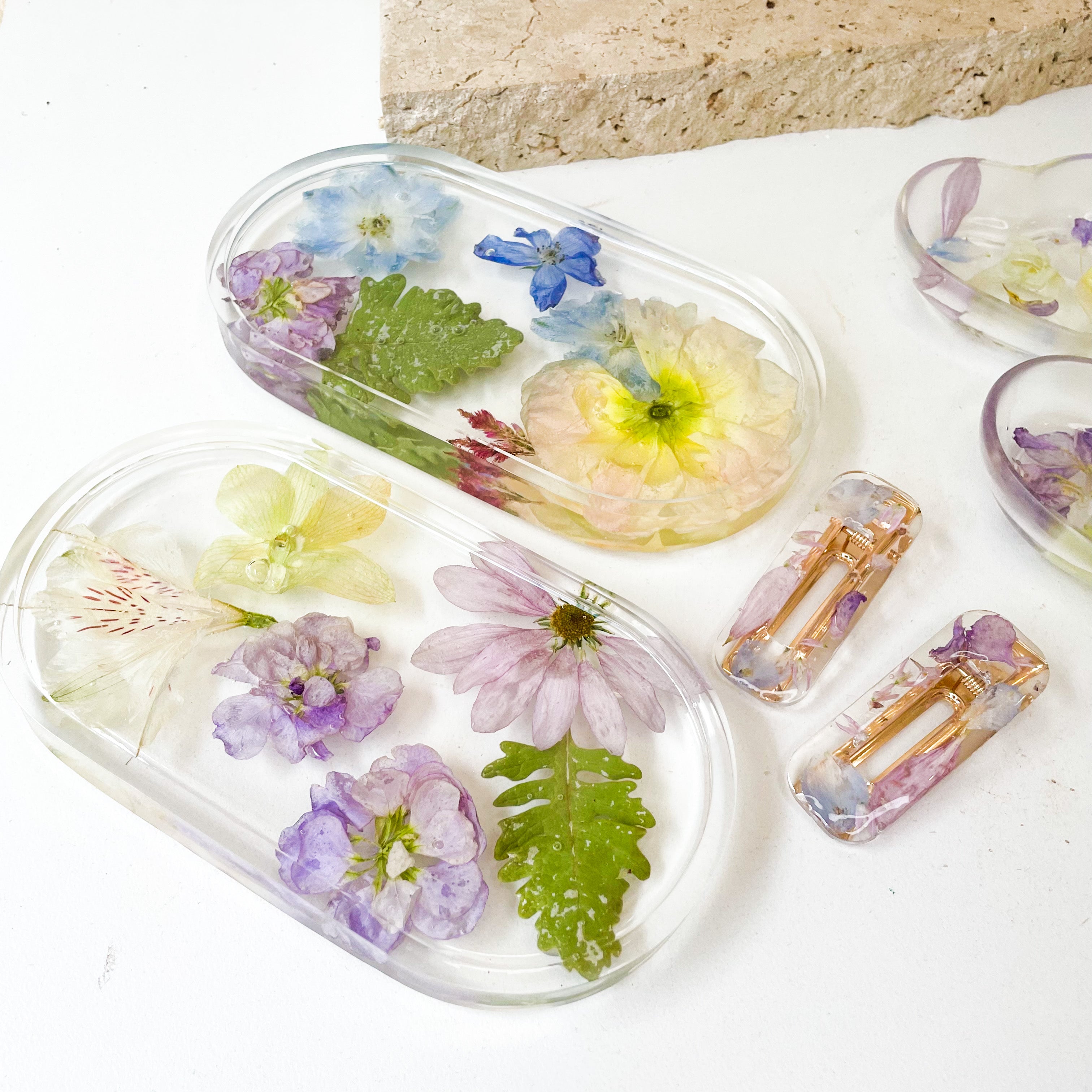 Preserved wedding bouquet flowers resin jewellery tray pressed spring flowers purple blue peach yellow preserved bouquet resin hair clips
