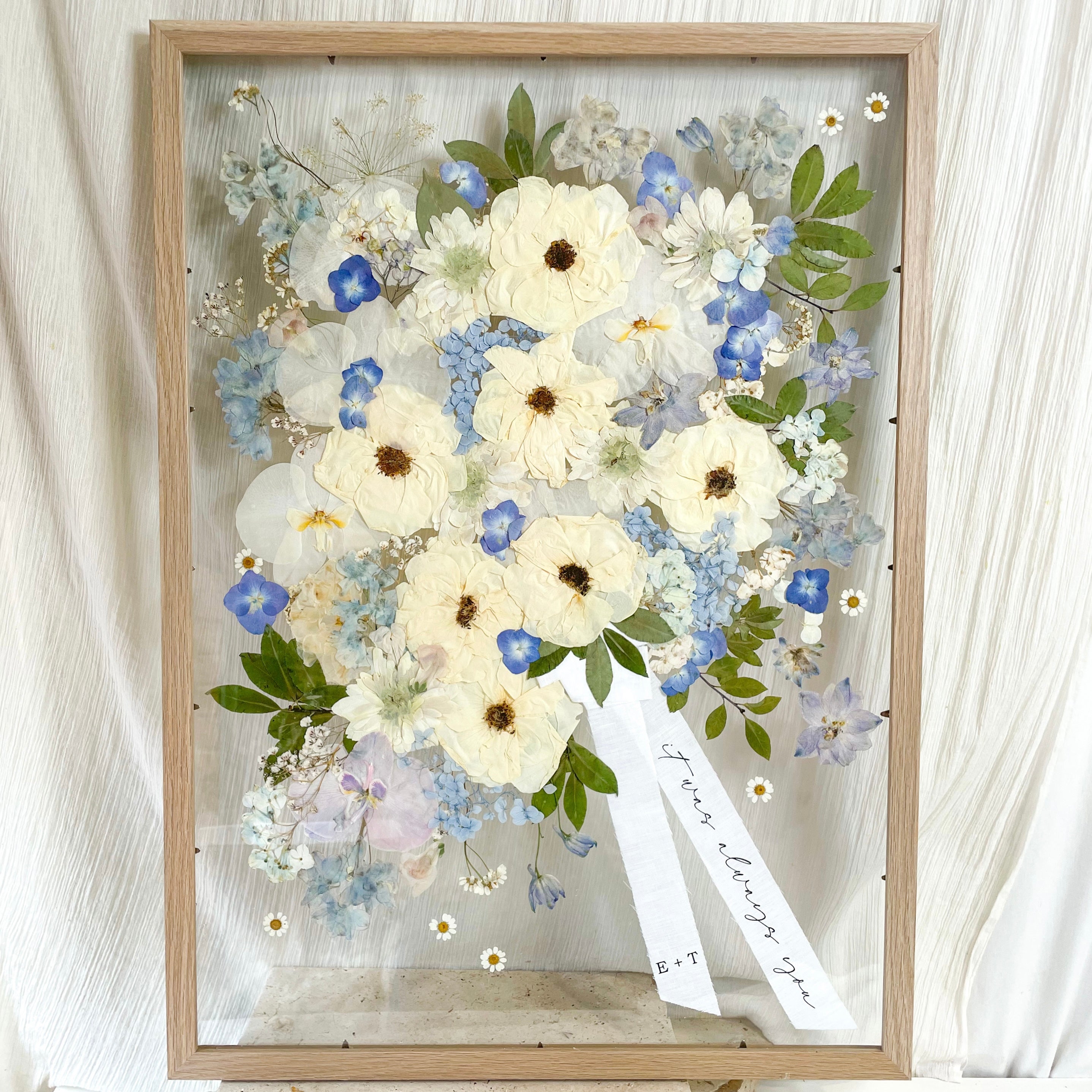 Preserved pressed wedding bouquet - blue and white flowers - custom wedding ribbon with initials in floating frame mount