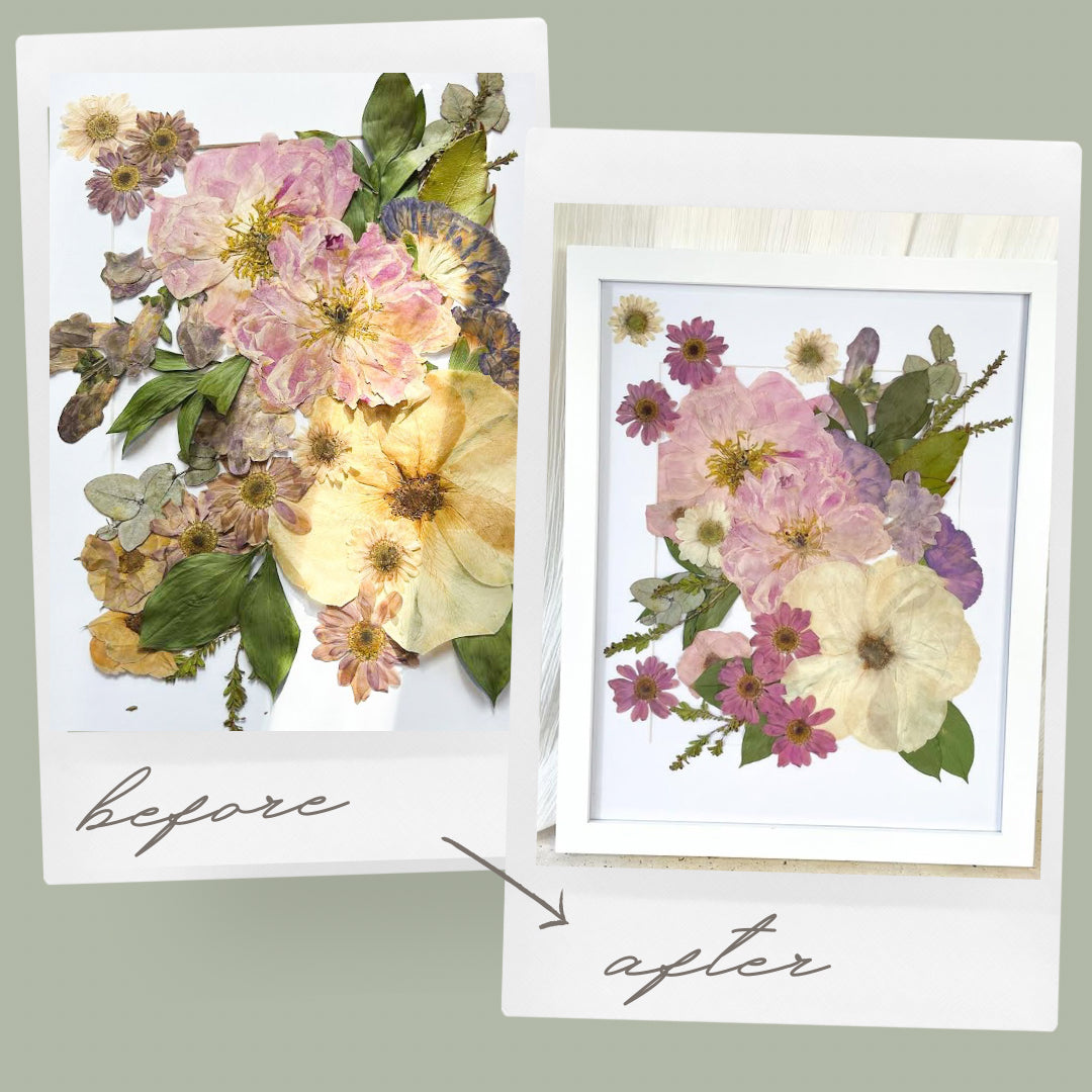 Flower Colour correcting - before and after - preserved wedding flowers - pressed flower frame transformation