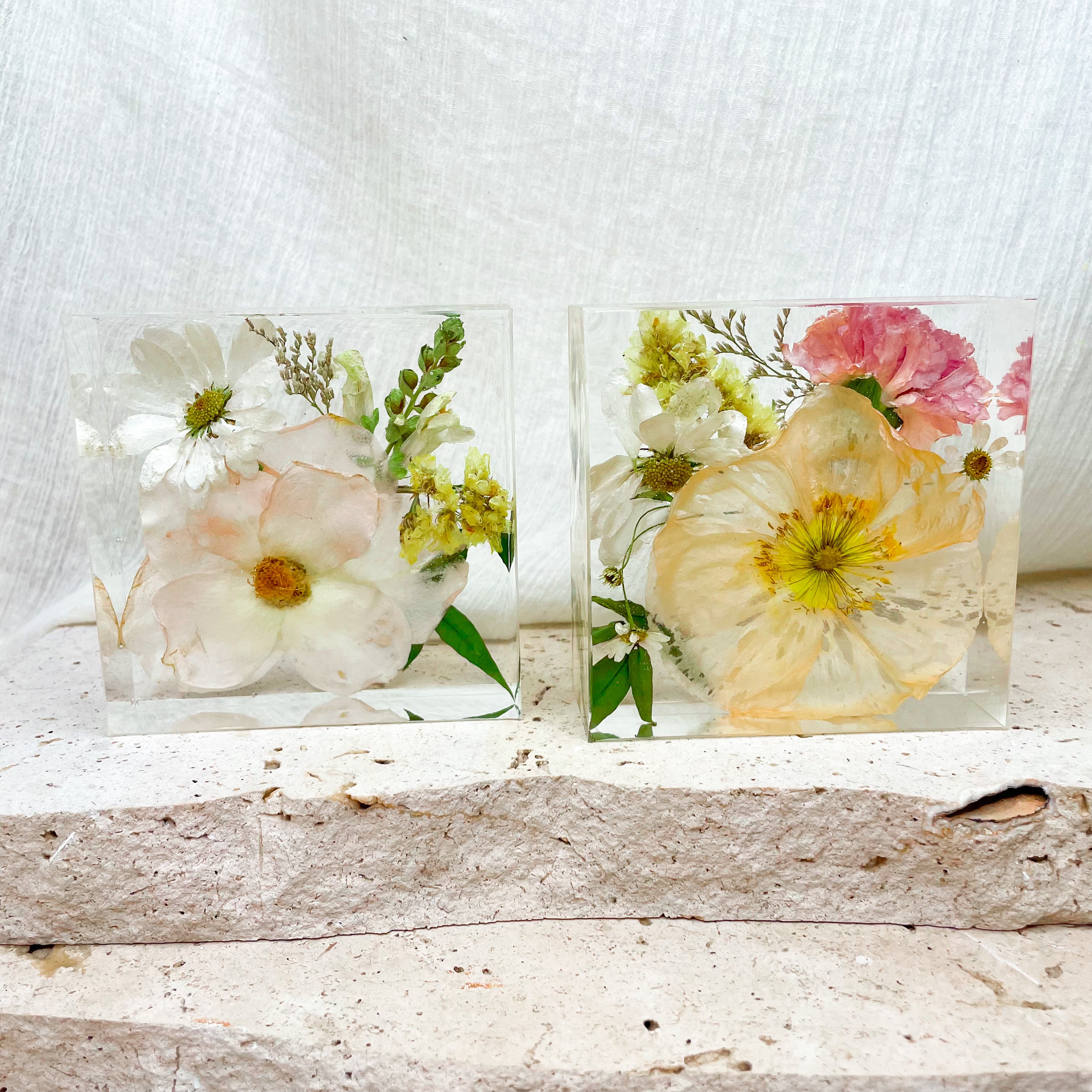preserved-flowers-resin-petite square- wedding bouquet - resin block - bright wedding flowers