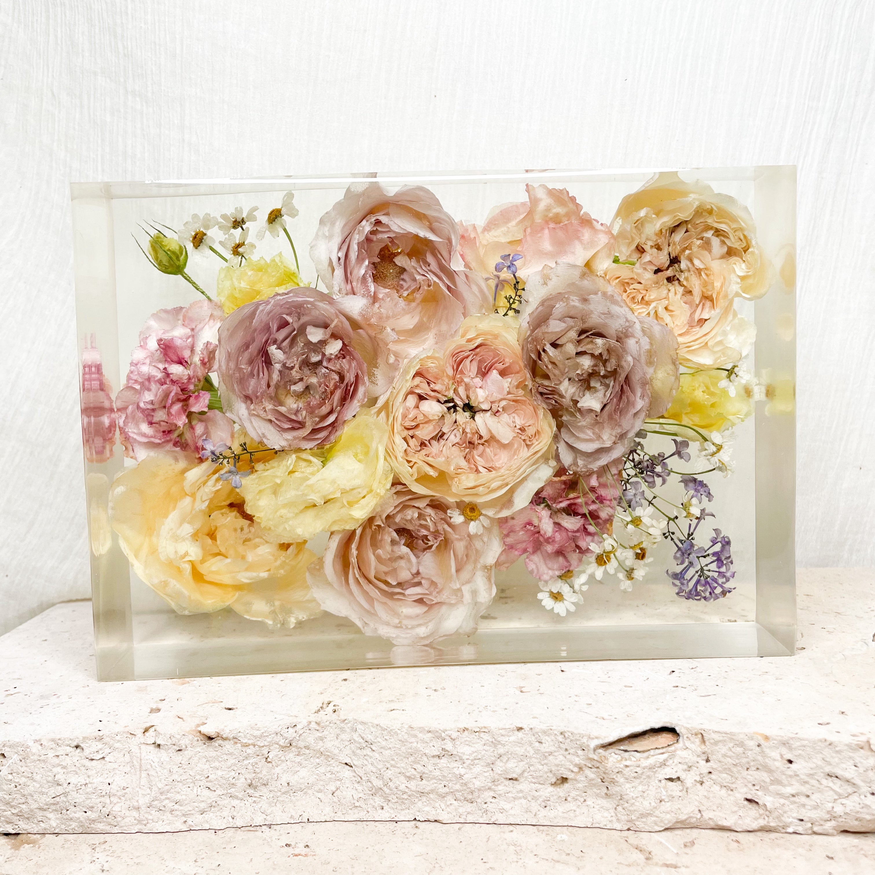 Preserved wedding bouquet rectangle resin block flower cast - pastel bouquet - pink light yellow