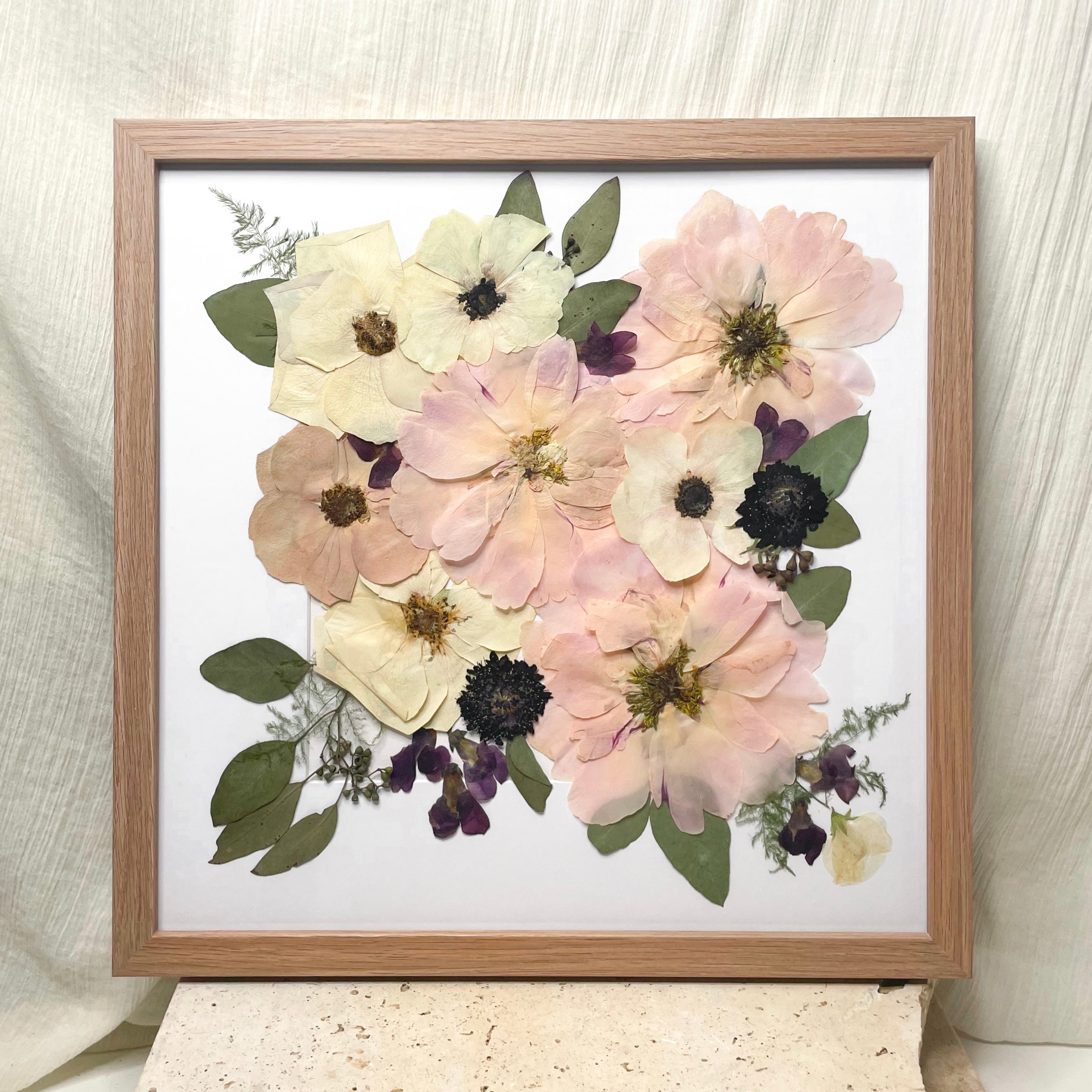Preserved wedding bouquet - pressed flowers - pink peony white rose gum - pressed flower framing oak