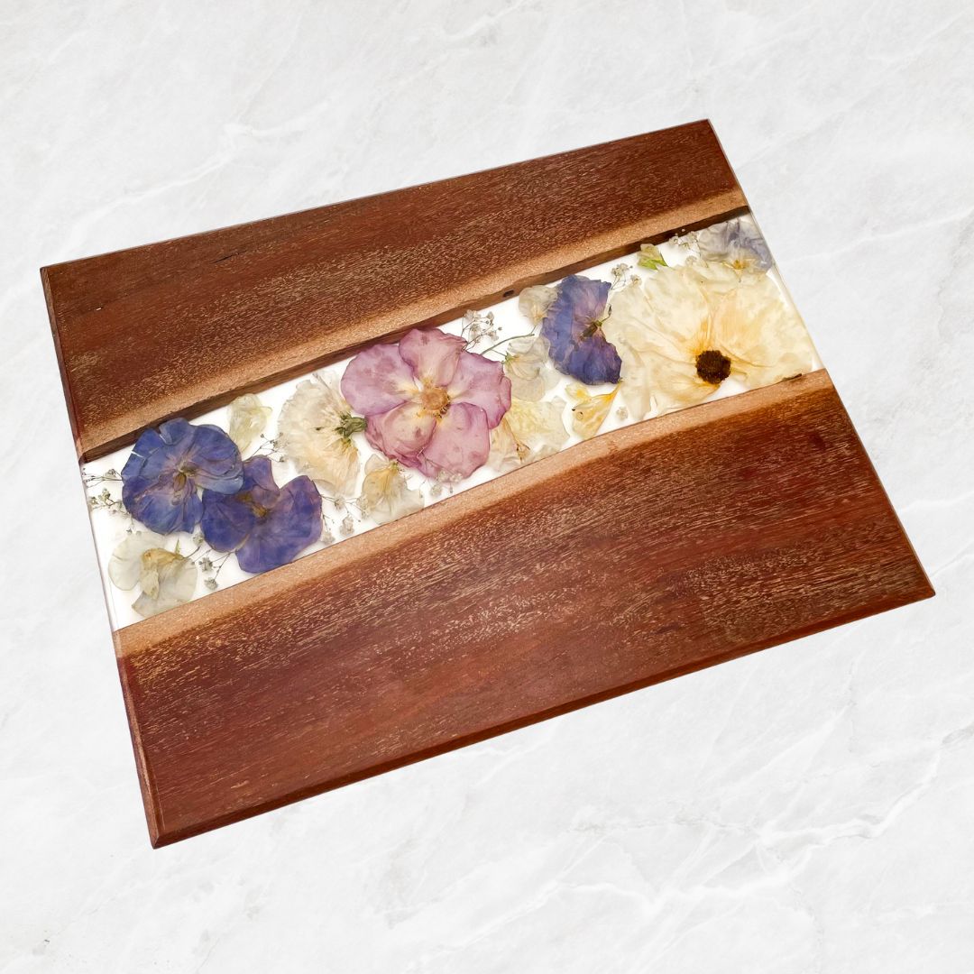 Preserved wedding bouquet - resin charcuterie board - wood resin flower serving tray - pressed flowers dark wood live edge