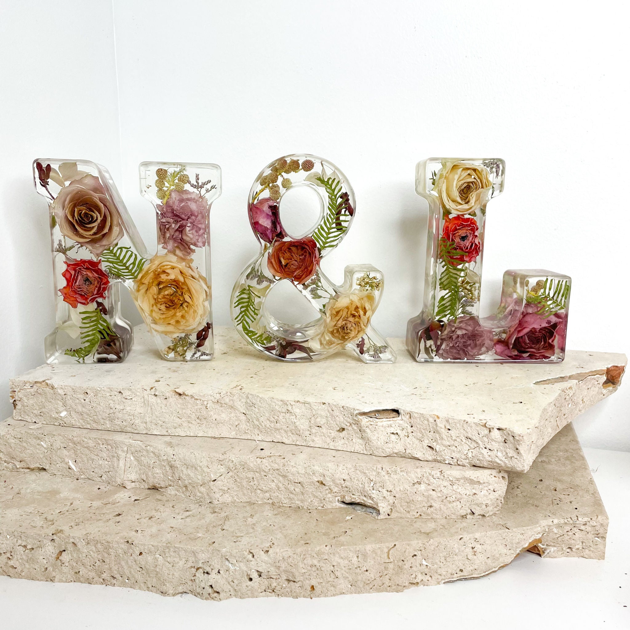 preserved-flowers-individual-resin letter blocks - wedding bouquet