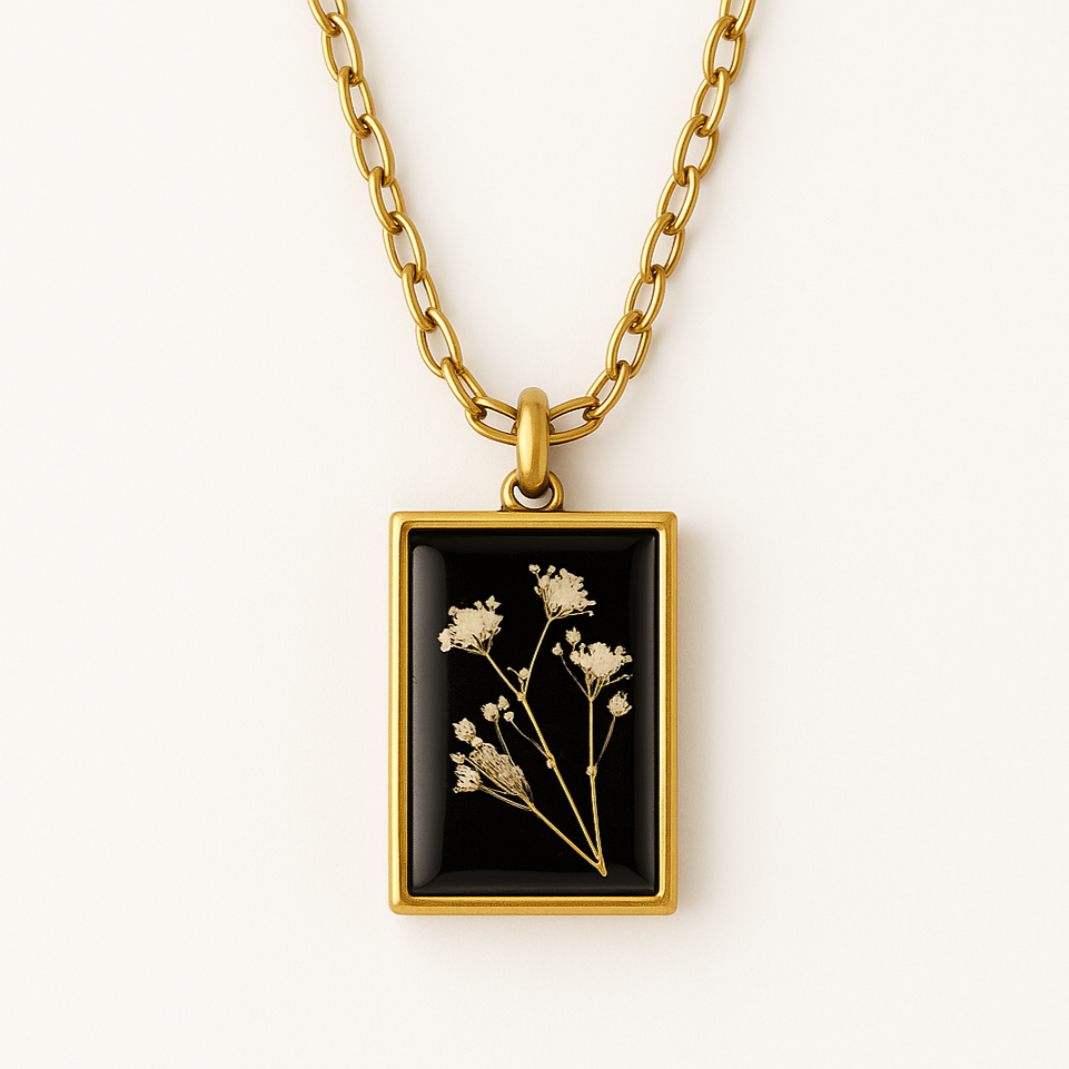 preserved flowers resin rectangle pendant antique gold cable chain