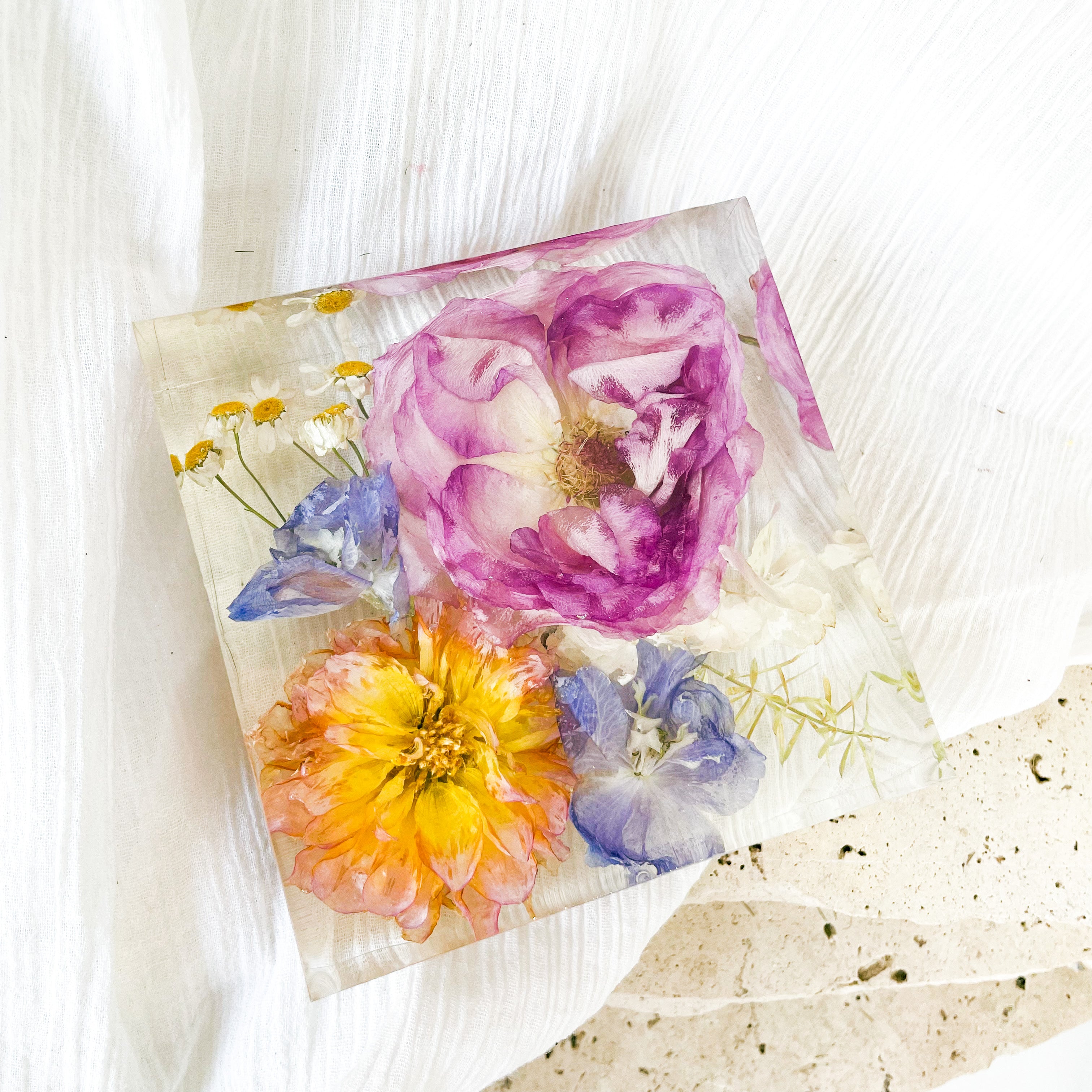 preserved-flowers-resin-petite square- wedding bouquet - resin block - bright wedding flowers