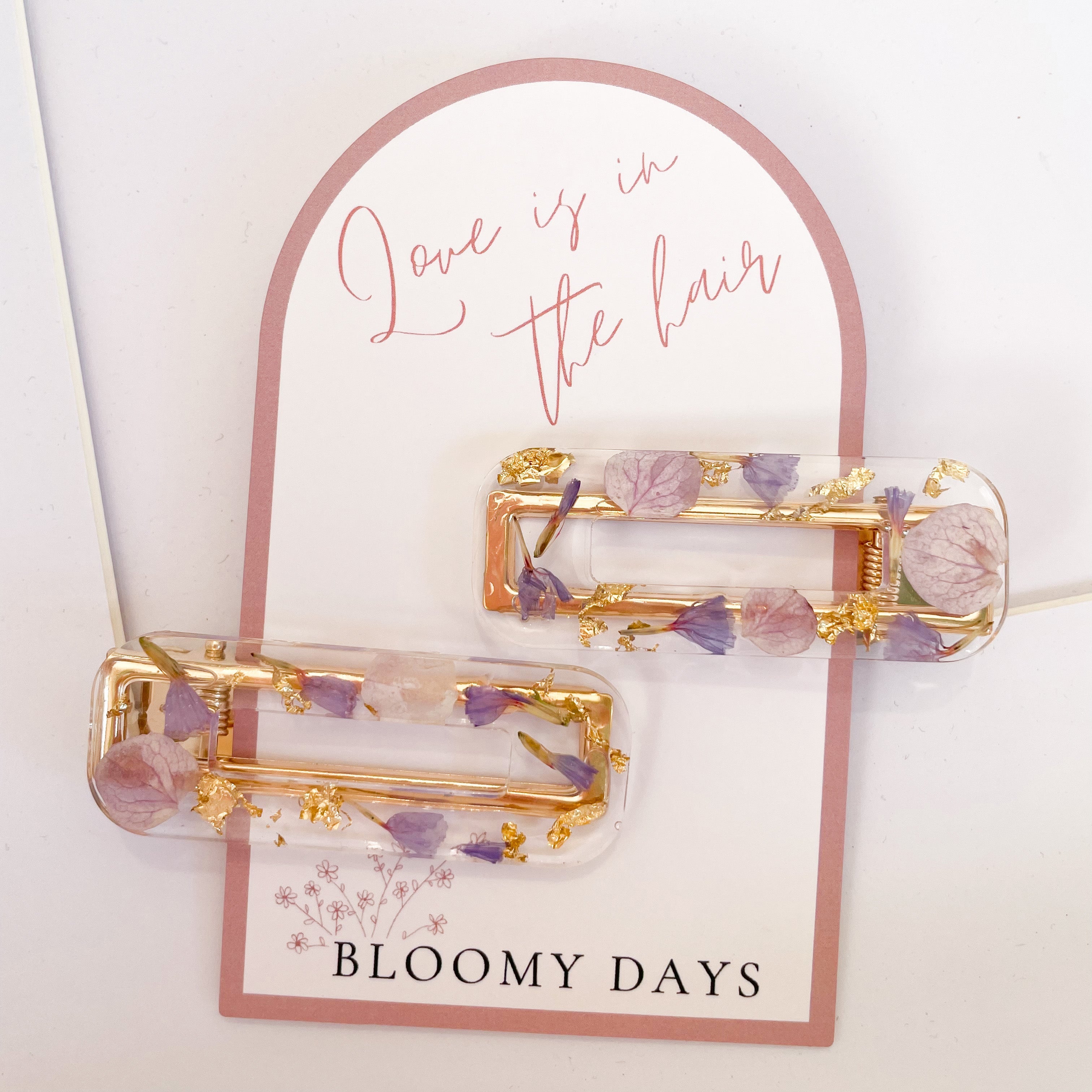Preserved wedding flowers resin hair clips - wedding bouquet pressed flowers - gold flakes