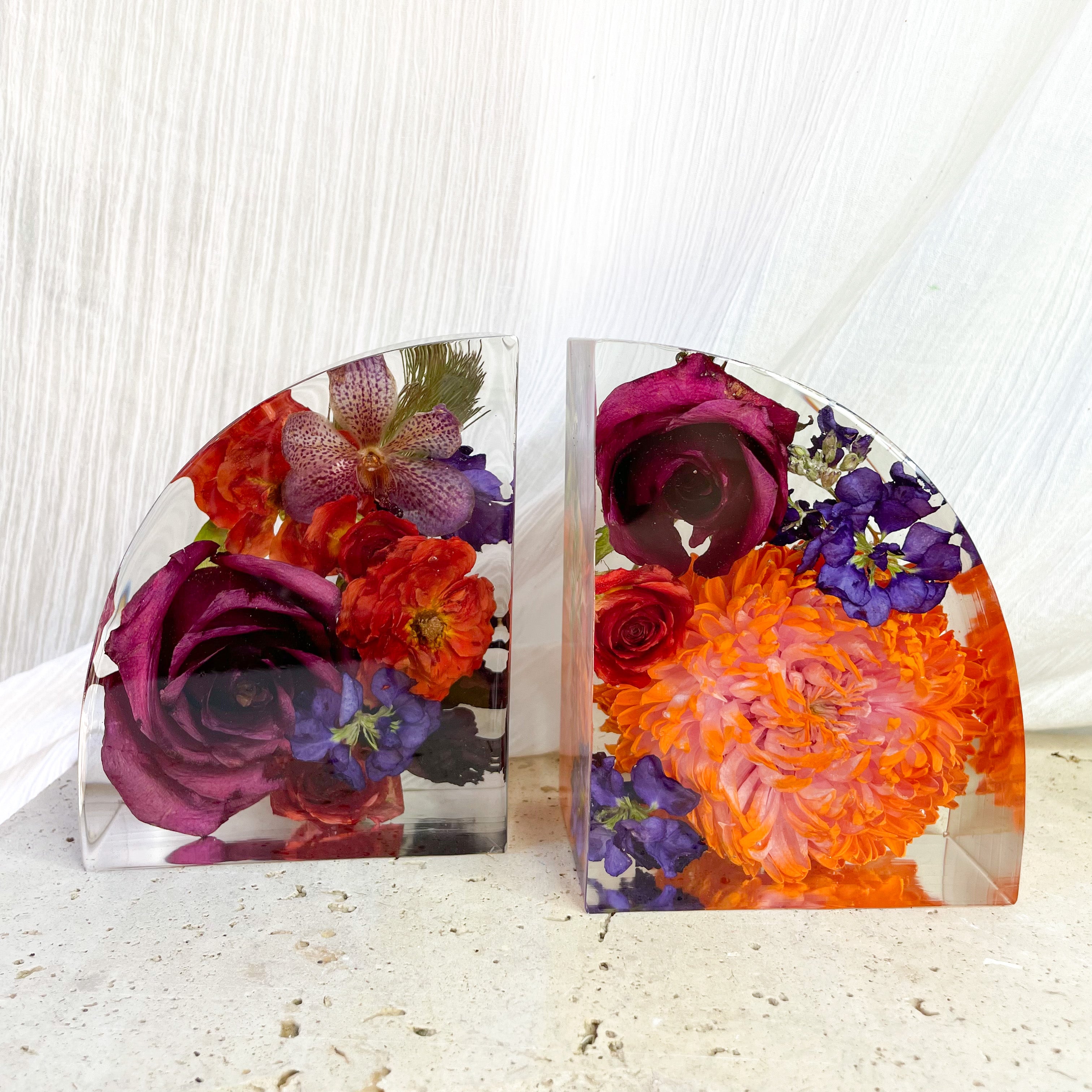 Preserved wedding bouquet resin-bookend-set - flowers