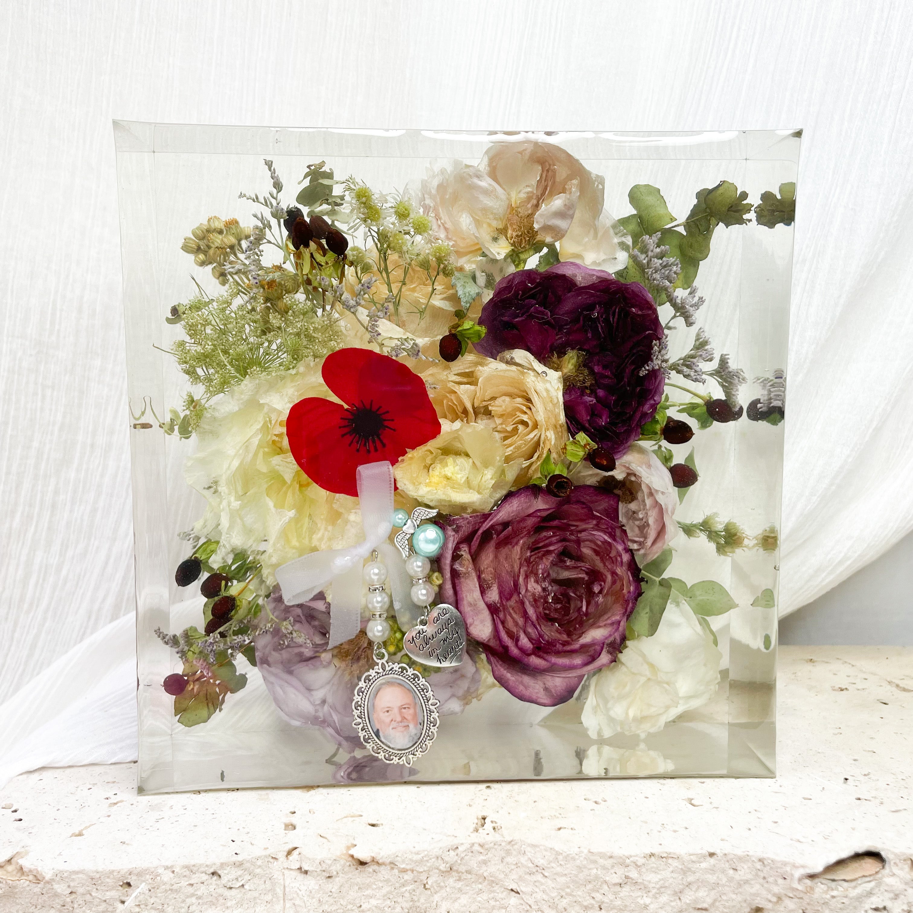 preserved-flowers-resin-square-large - wedding bouquet - resin block - memorial charms - red poppy