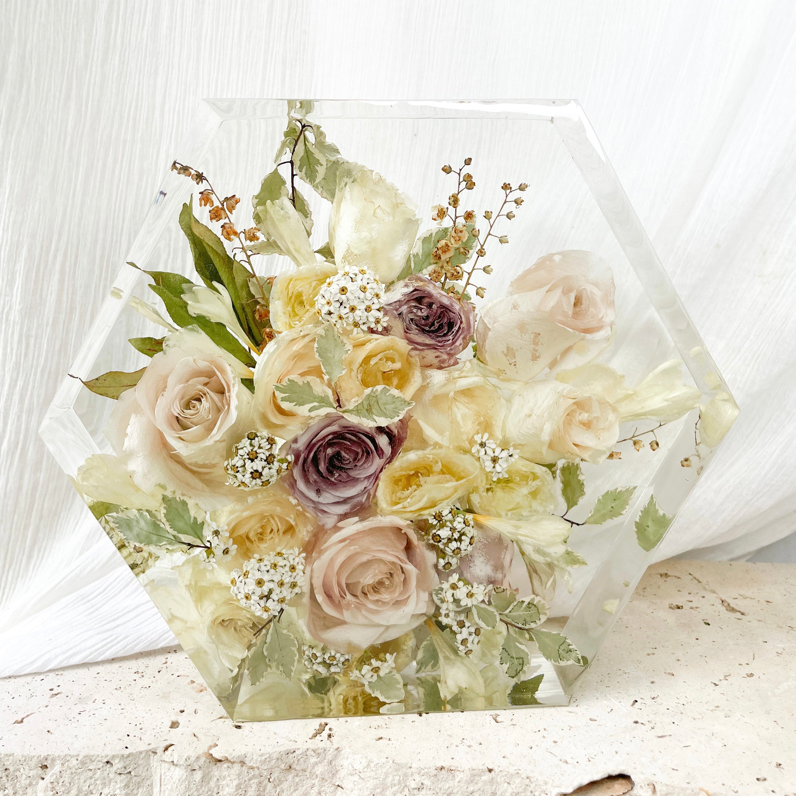 preserved-flowers-x-large-resin-hexagon block - wedding bouquet