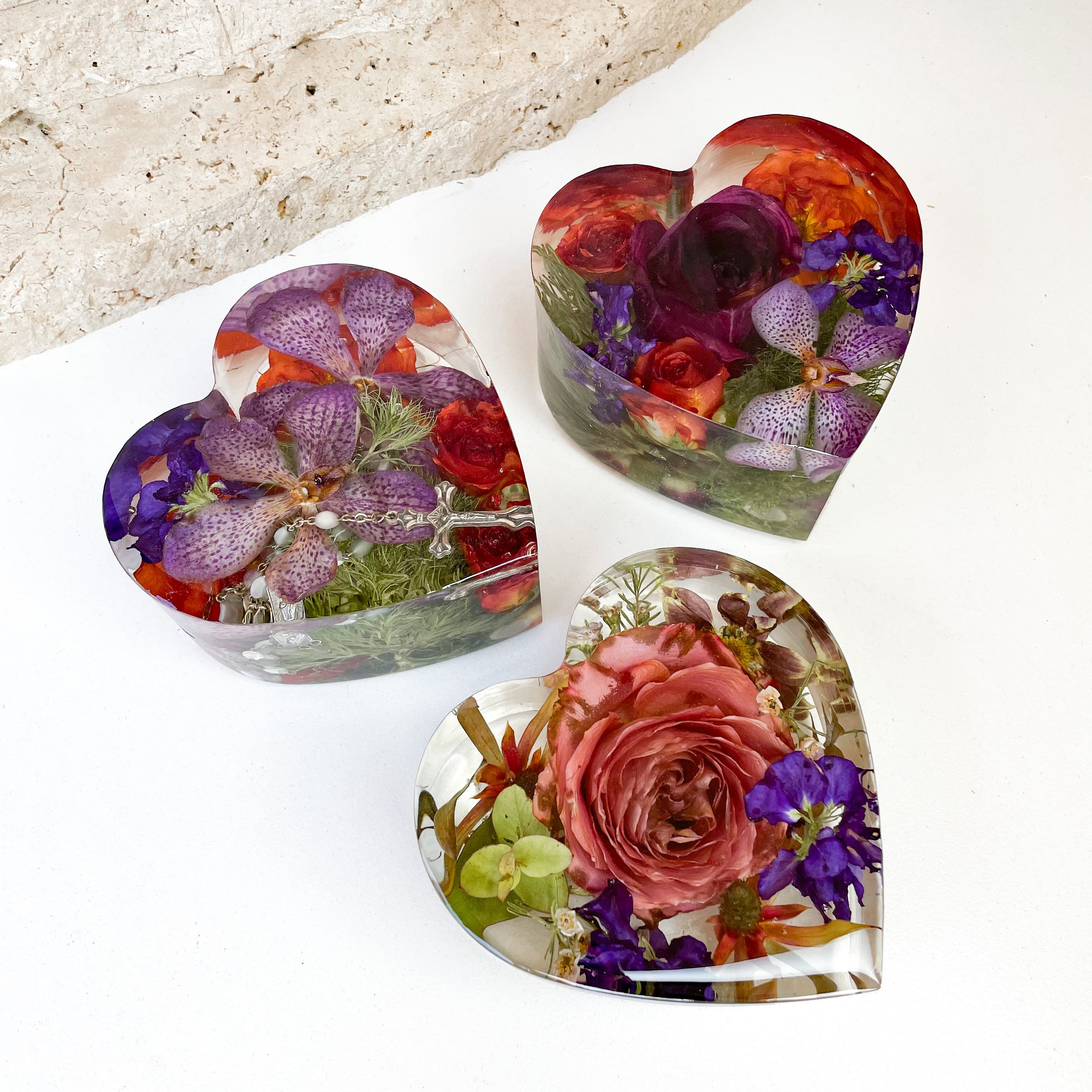 preserved-flowers-resin-medium heart- memorial bouquet - red purple and green funeral flowers - rosary beads
