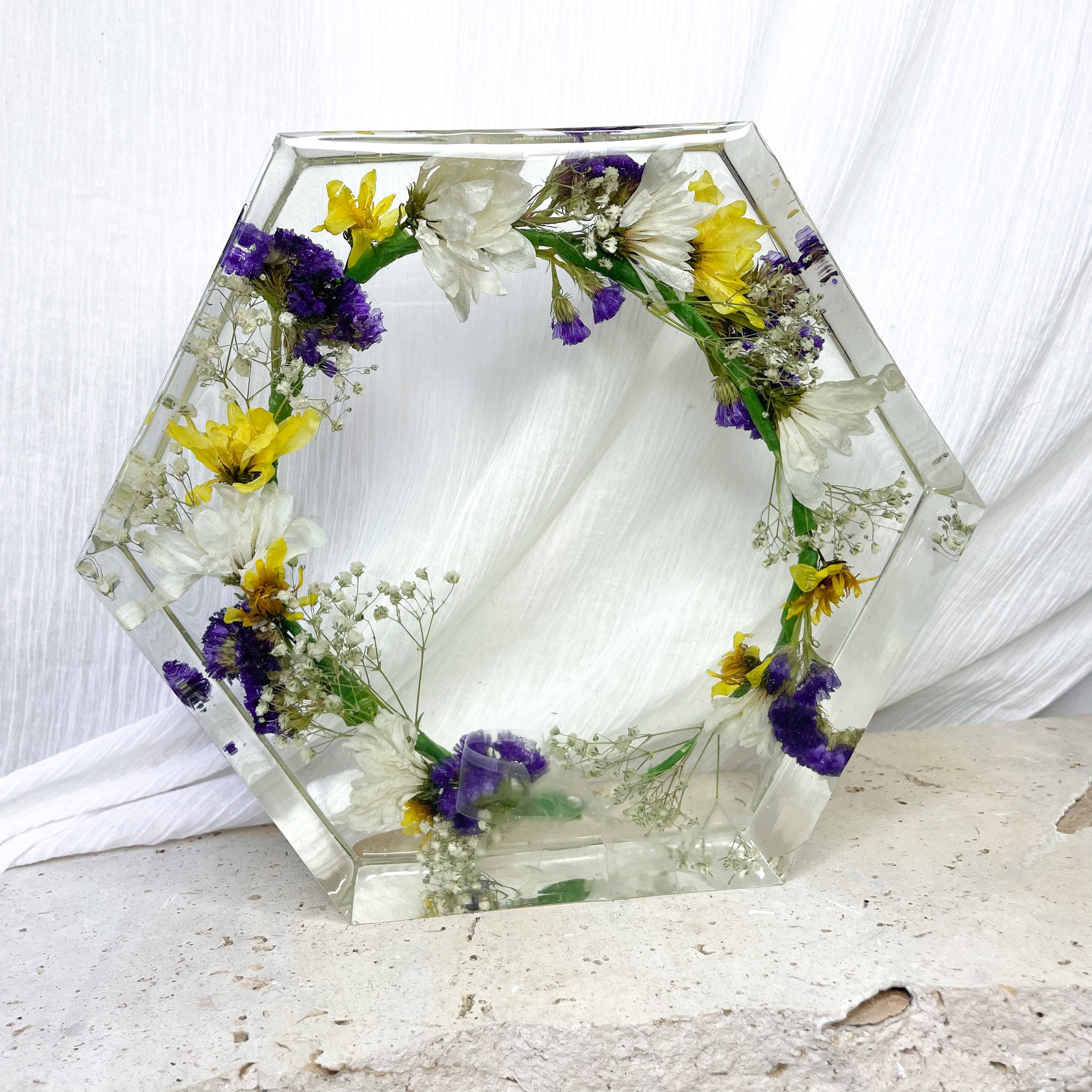 preserved-flowers-x-large-resin-hexagon block - graduation hair crown set