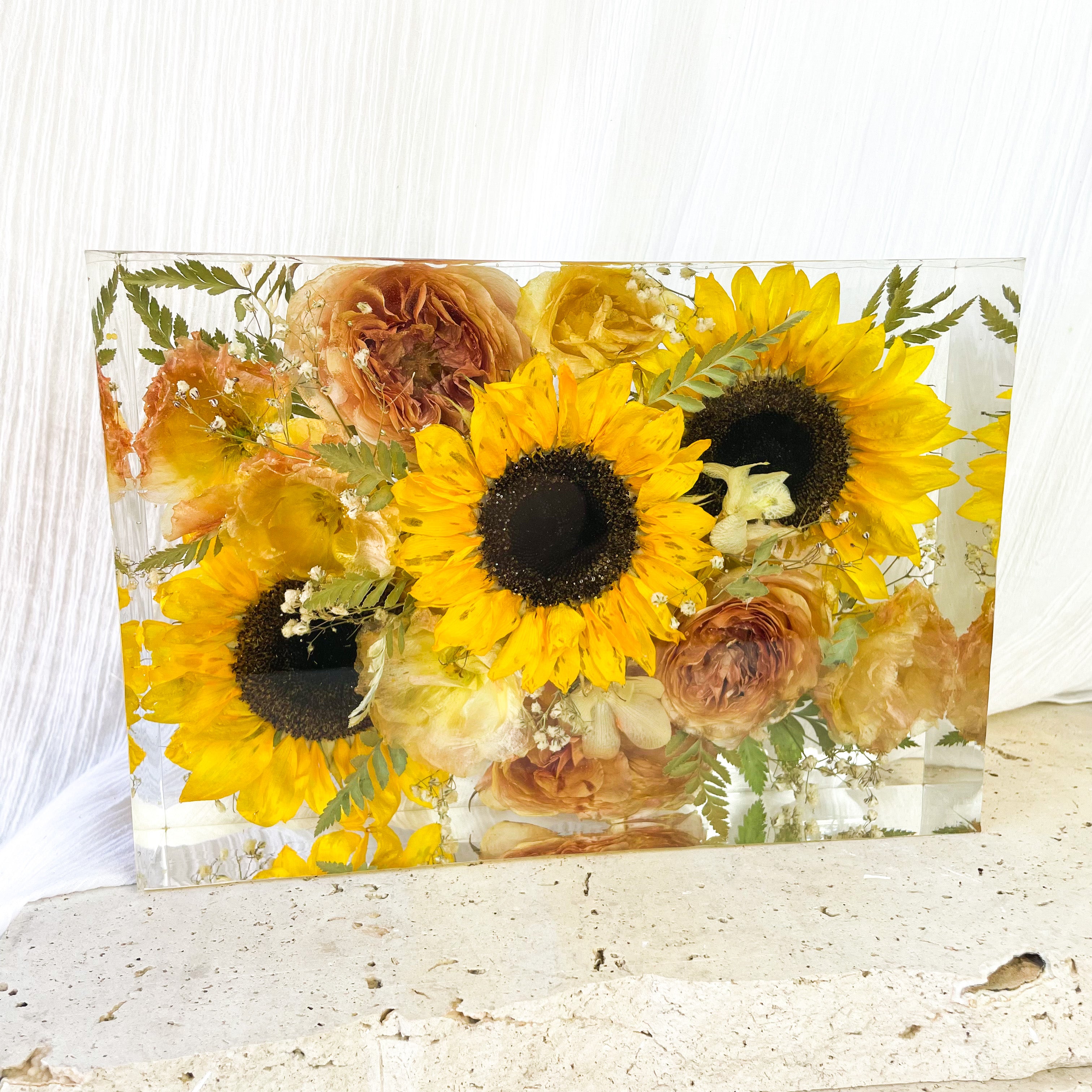 preserved-flowers-large-resin-rectangle - sunflowers wedding bouquet