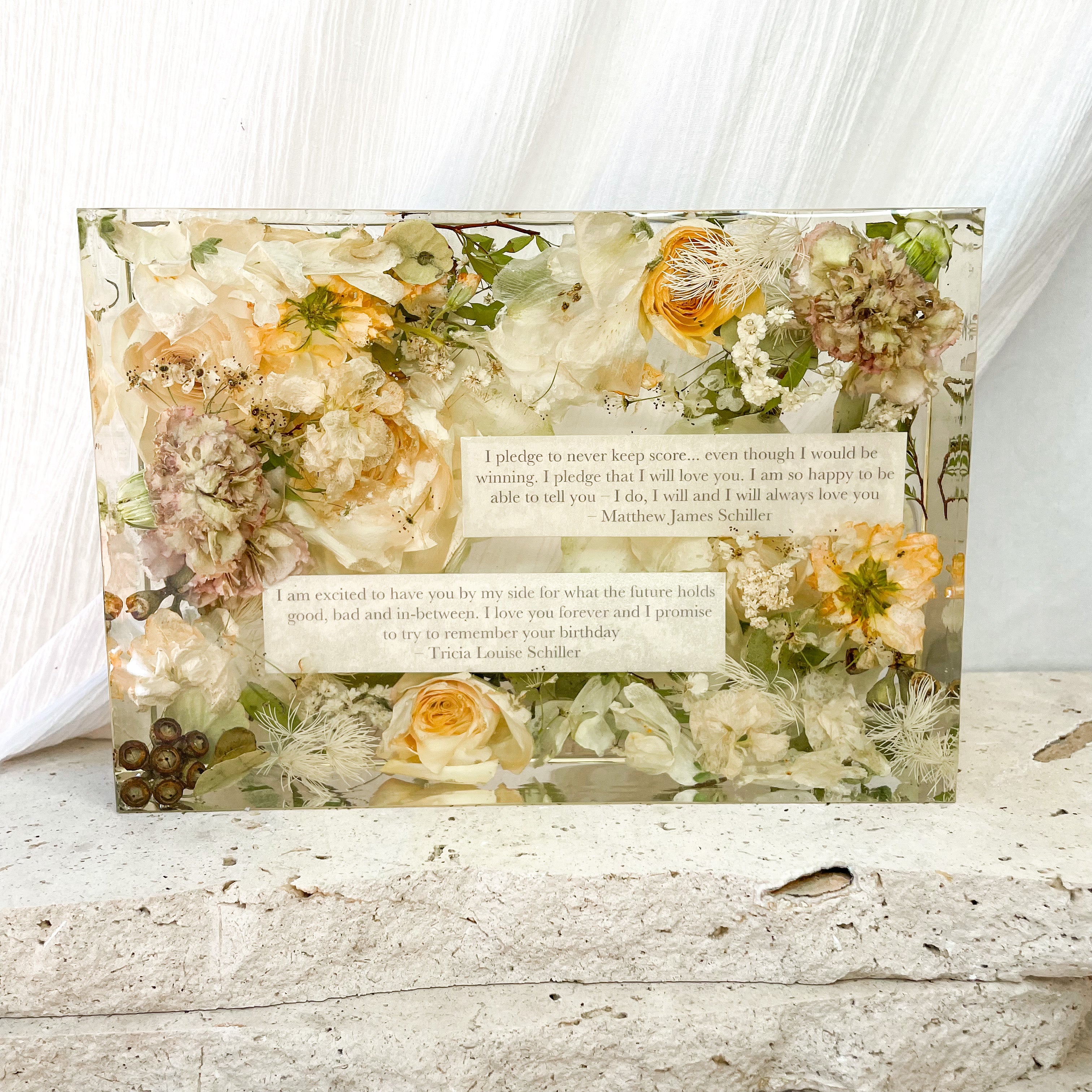 Preserved wedding bouquet rectangle resin block flower cast - flowers and vow set
