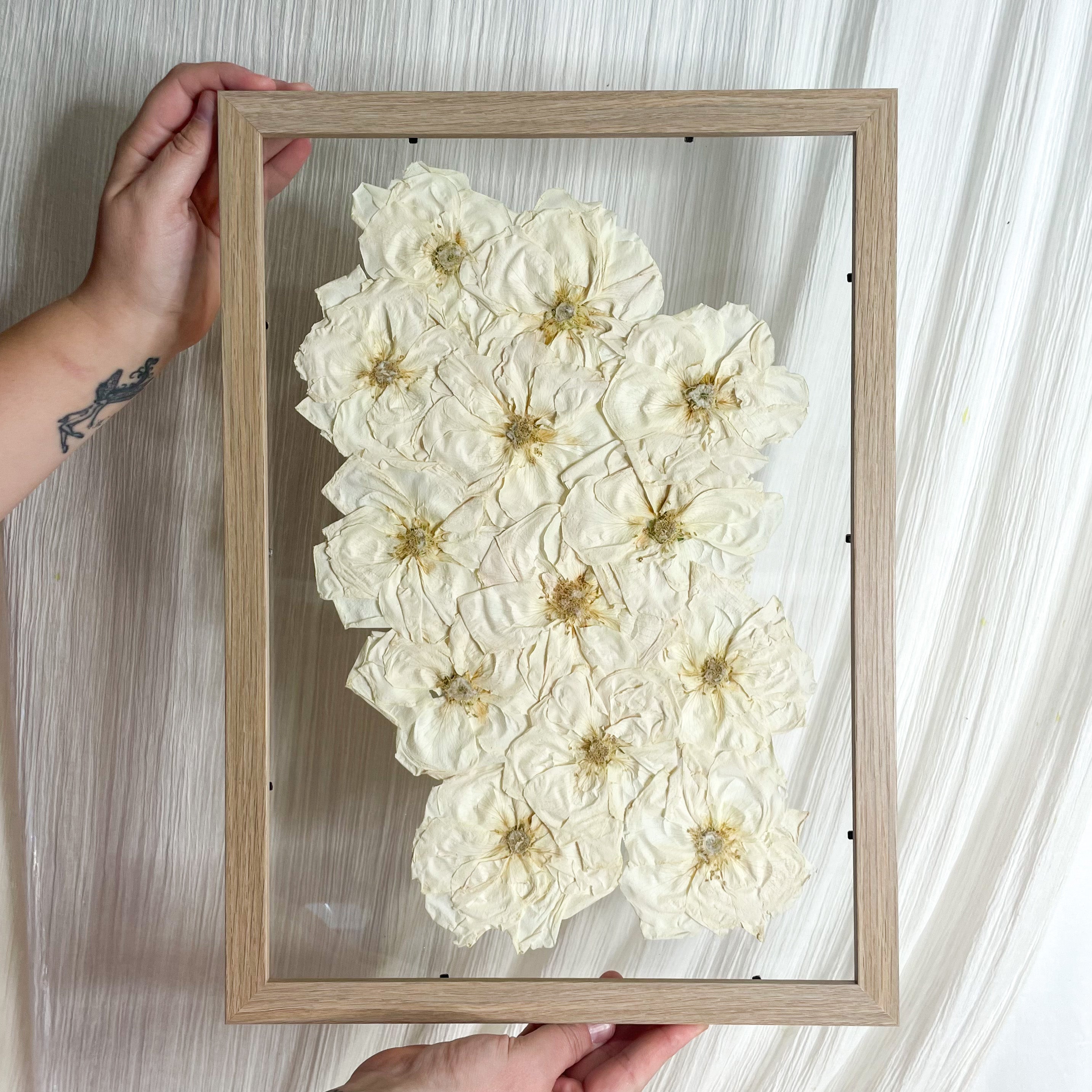custom-pressed-flower-framing-floating-mount - white rose wedding bouquet preserved