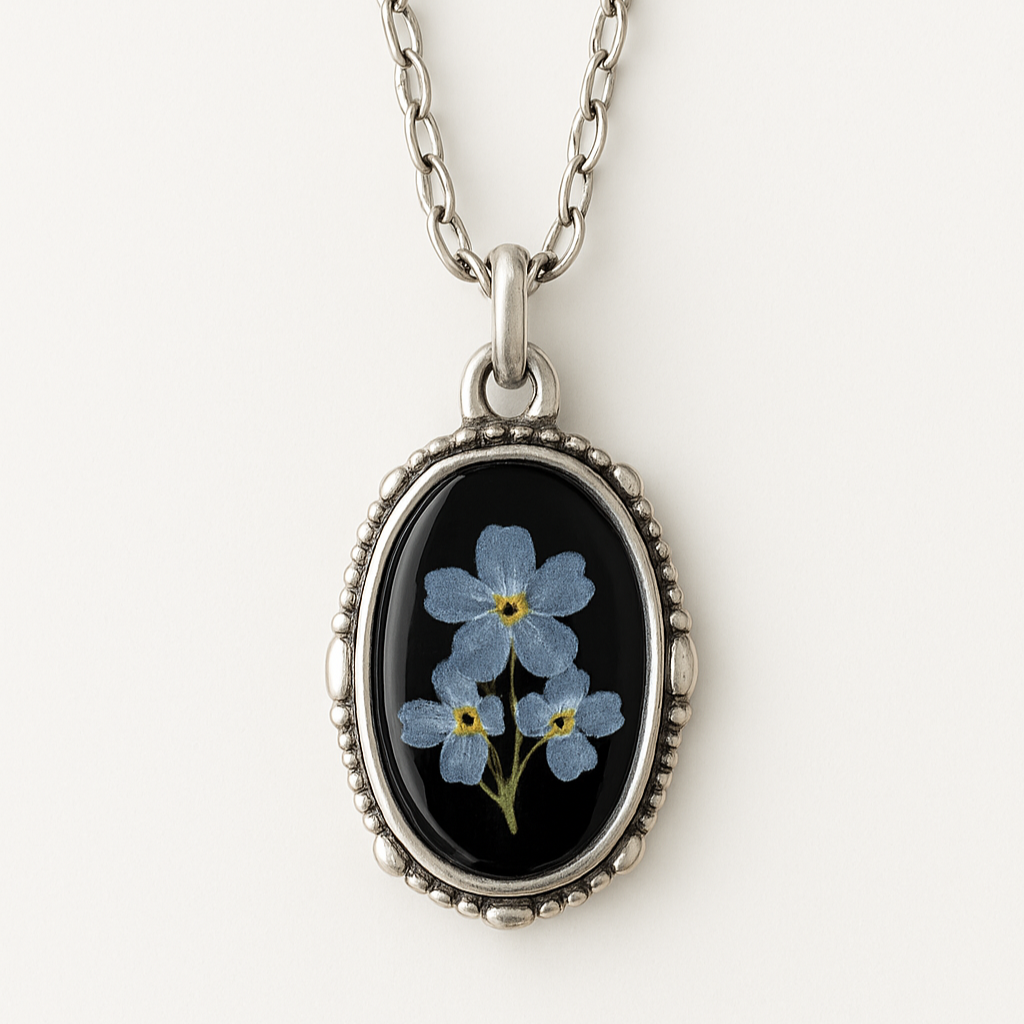 preserved flowers ornate oval resin pendant sterling silver cable chain
