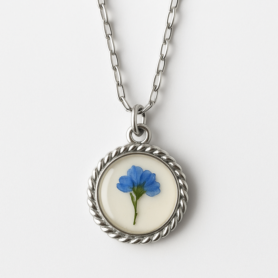 preserved flowers resin  round rope pendant sterling silver cable chain