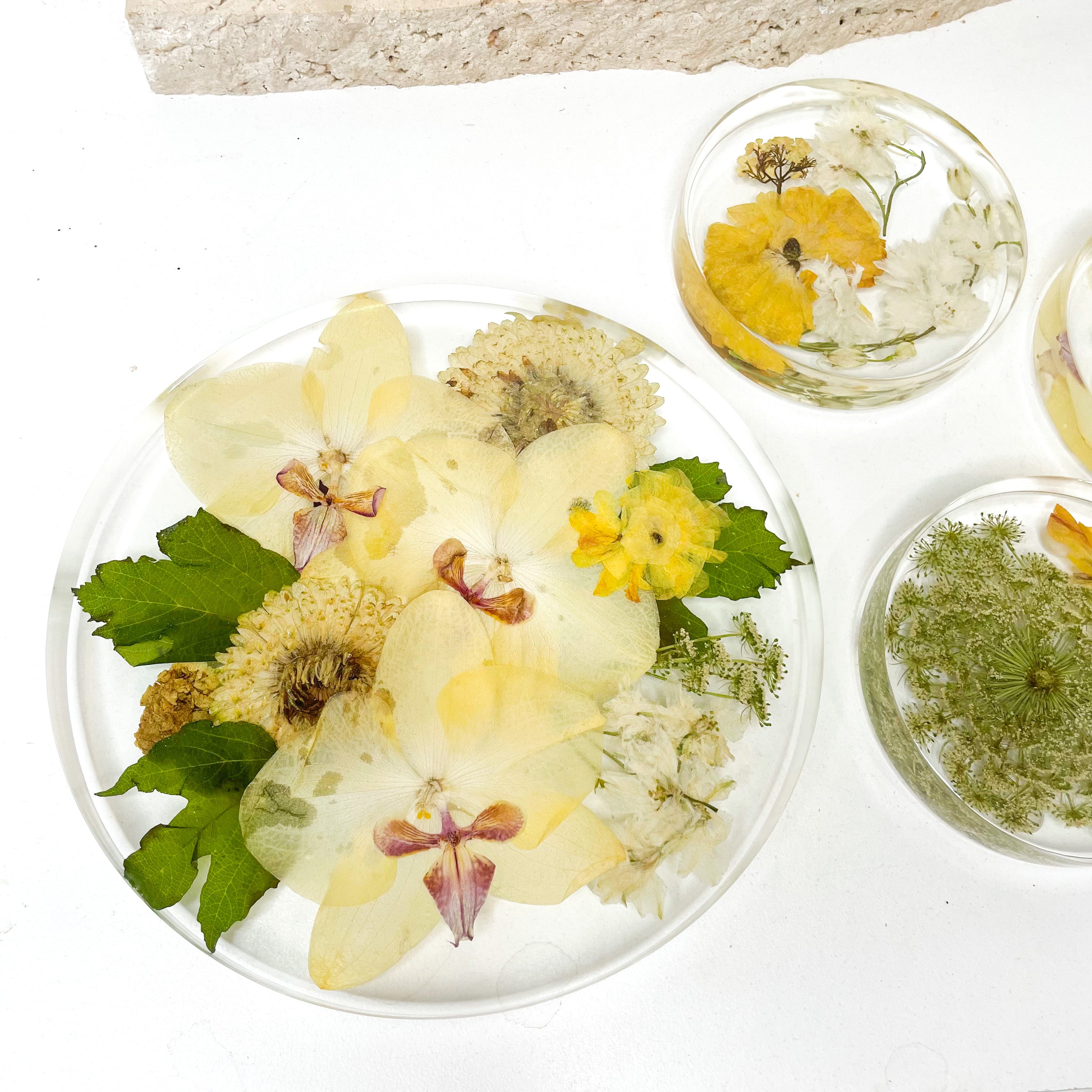 Preserved wedding flower bouquet - resin round circle tray - display stand - pressed flowers yellow green 