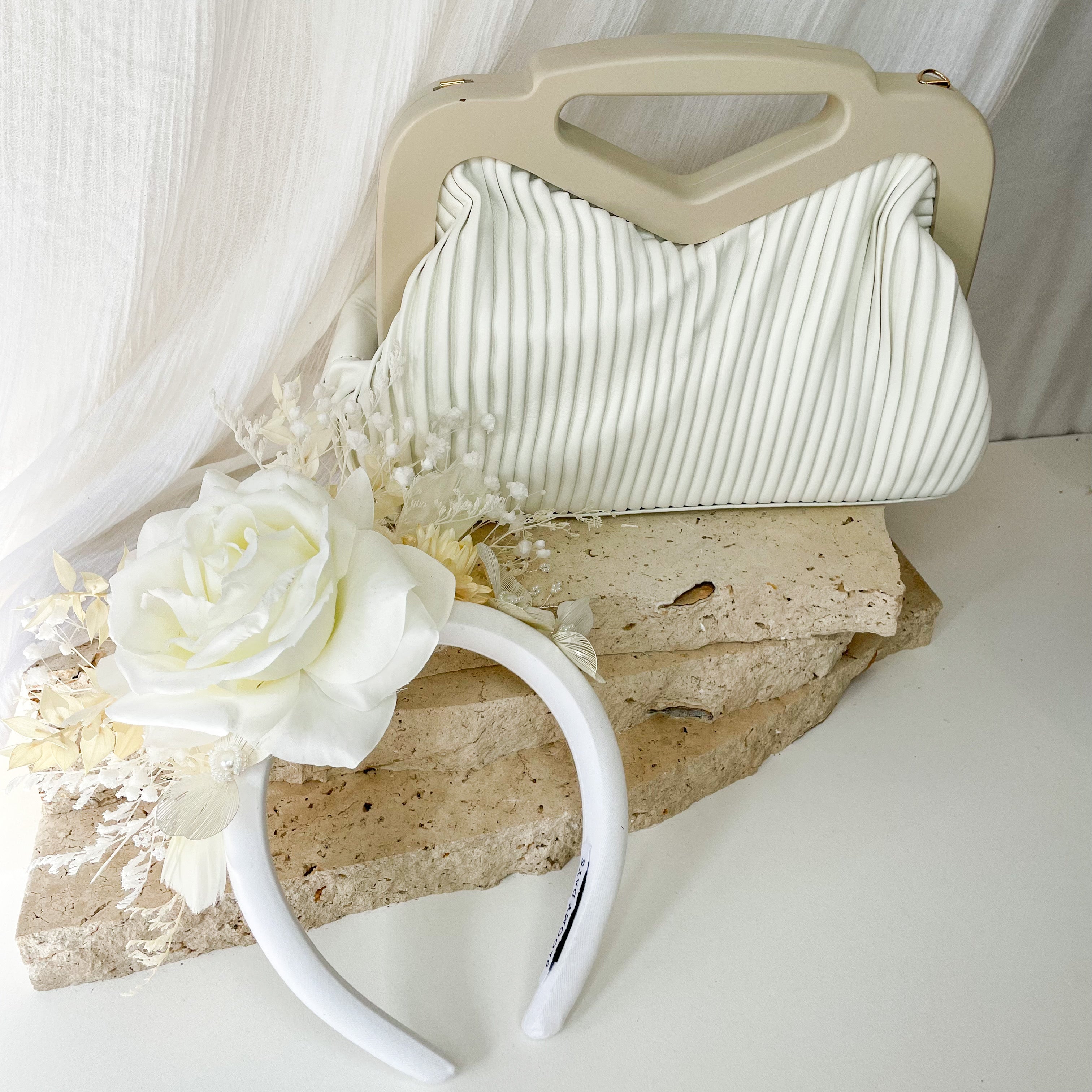 White Rose Floral Headband & Clutch Set