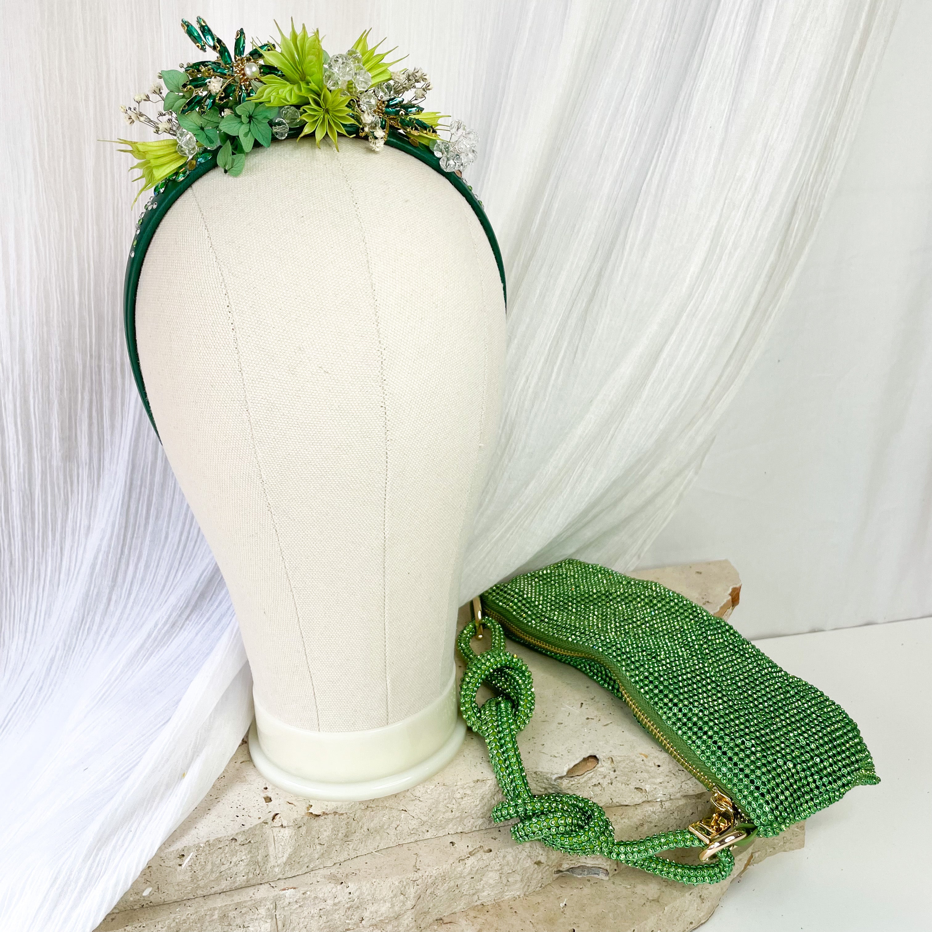 Green Rhinestone Floral Headband & Clutch Set