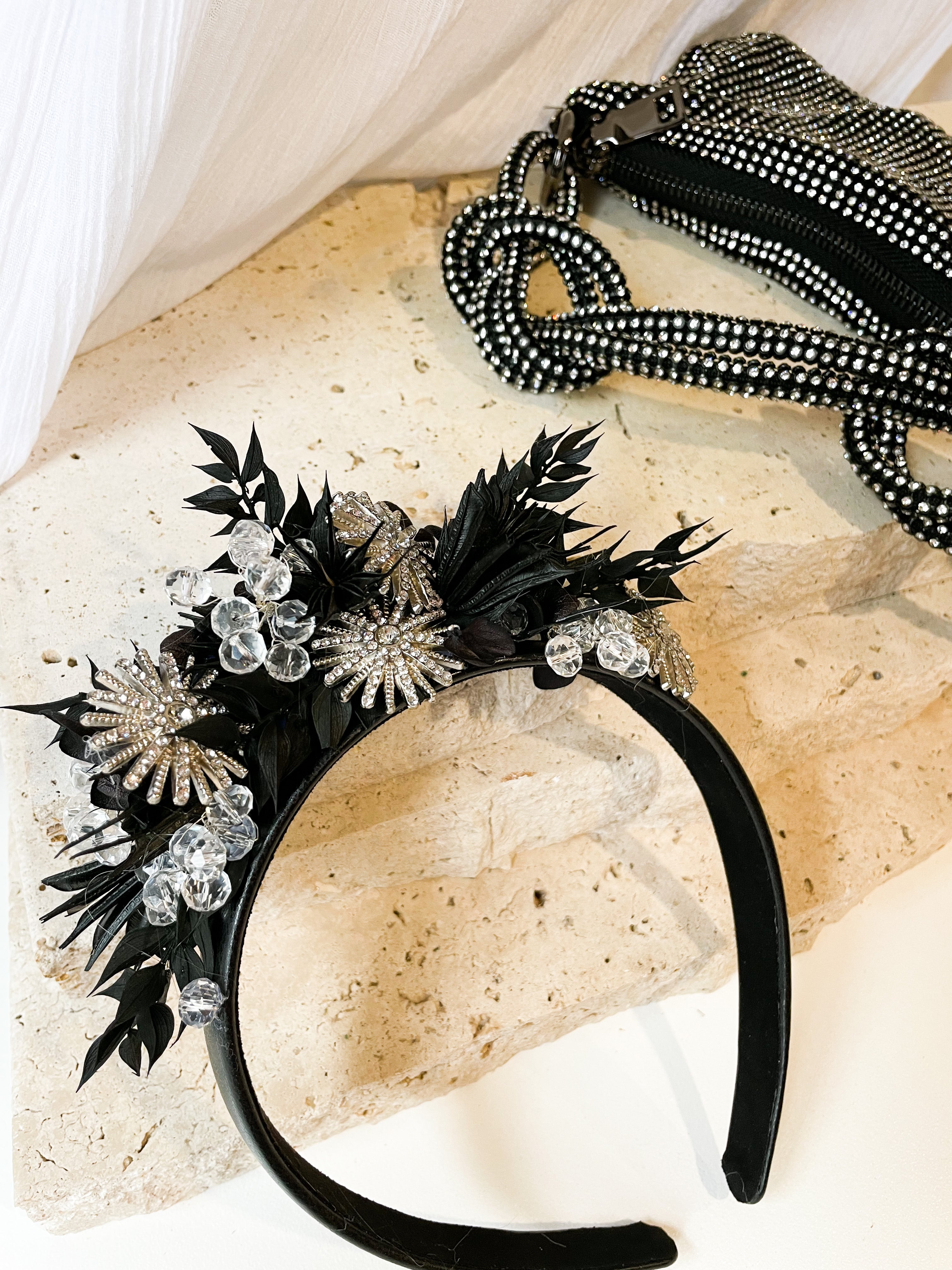 Black Rhinestone Floral Headband & Clutch Set