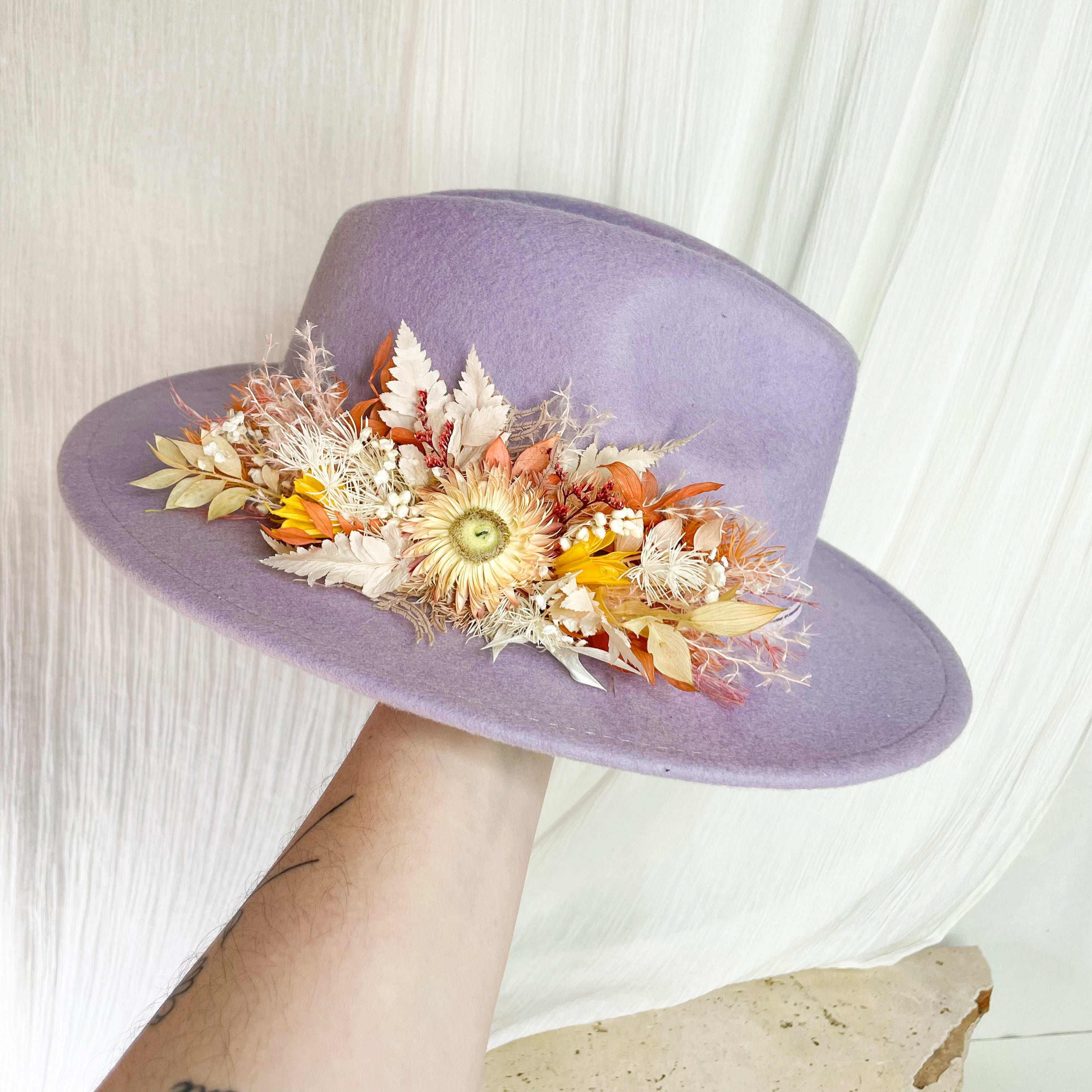 Lilac & Orange Dried Floral Hat - Small