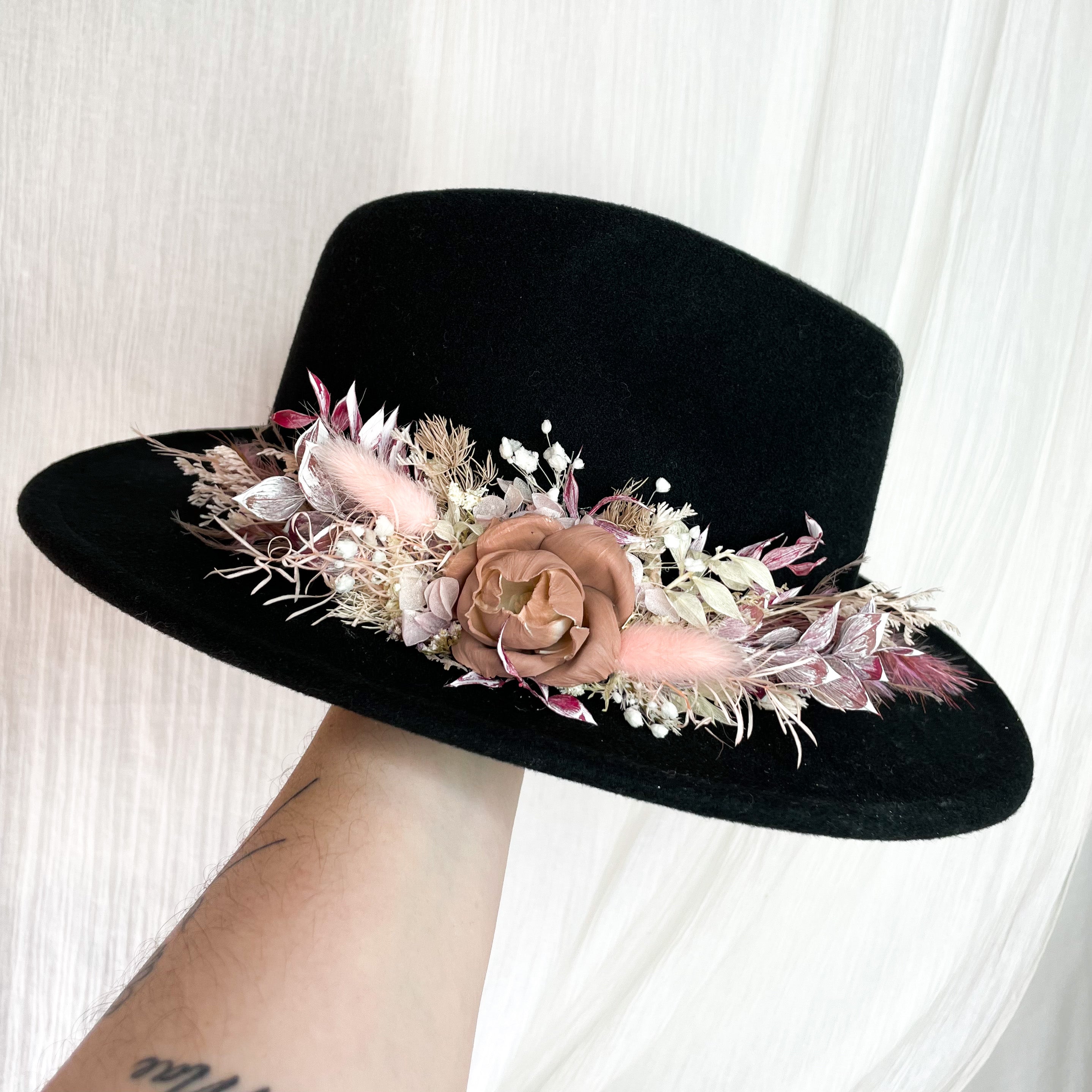 Black Dried Floral Hat - Medium