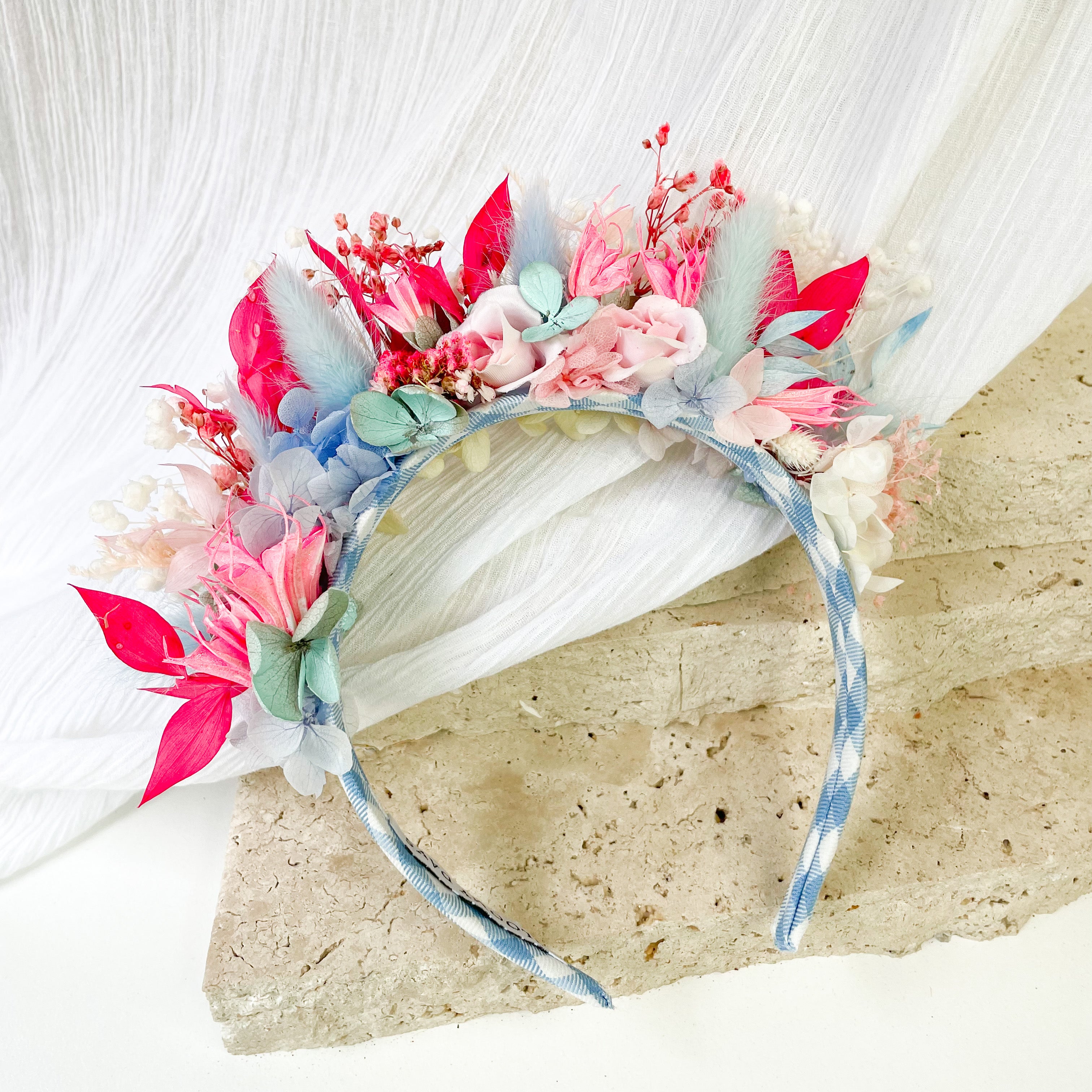 Blue Tartan & Pink Floral Headband