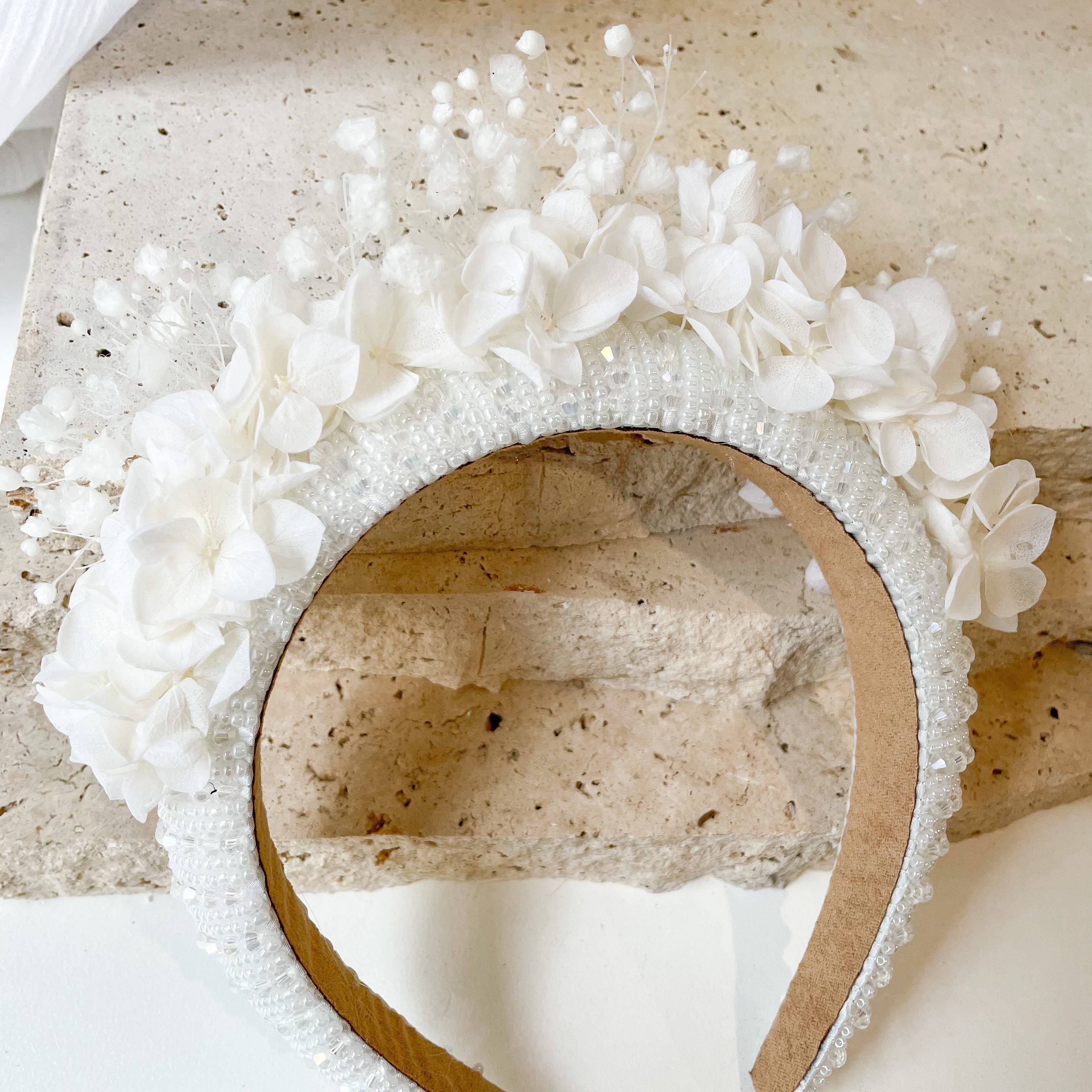 White Hydrangea Beaded Headband