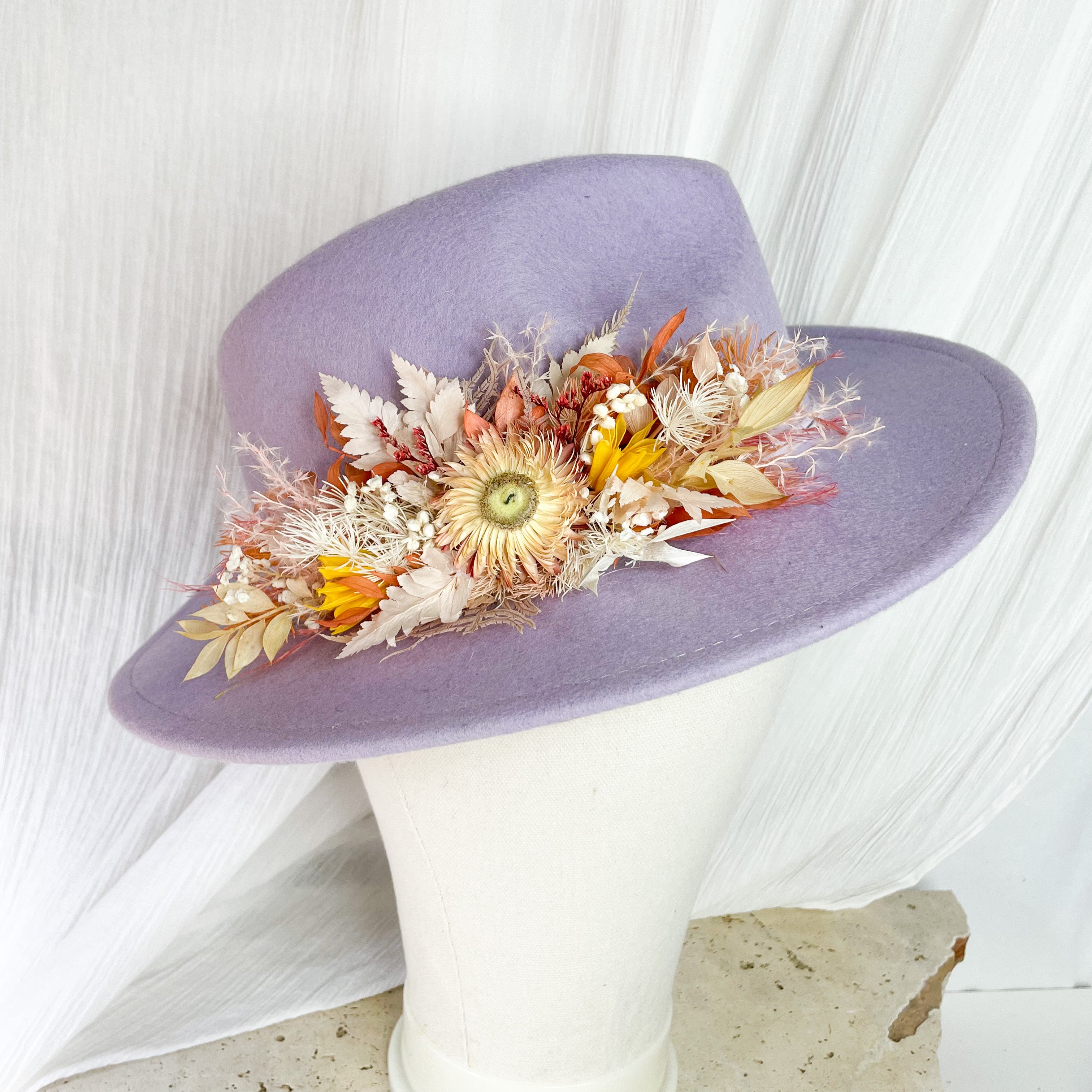 Lilac & Orange Dried Floral Hat - Small