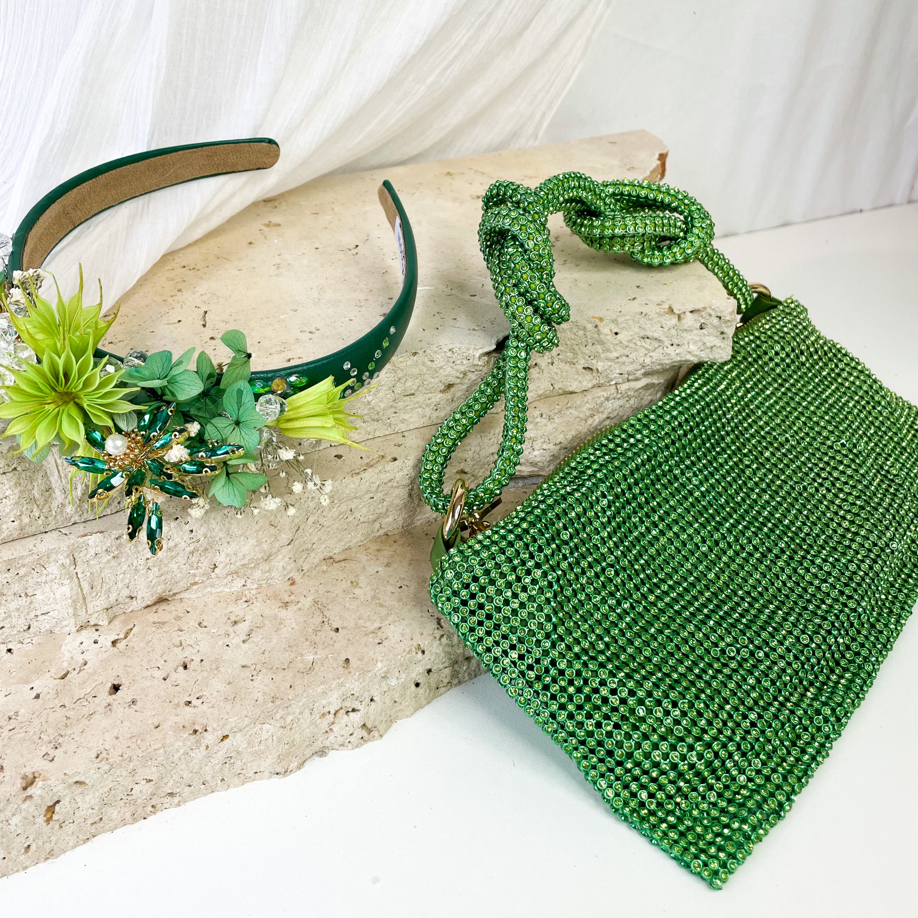 Green Rhinestone Floral Headband & Clutch Set