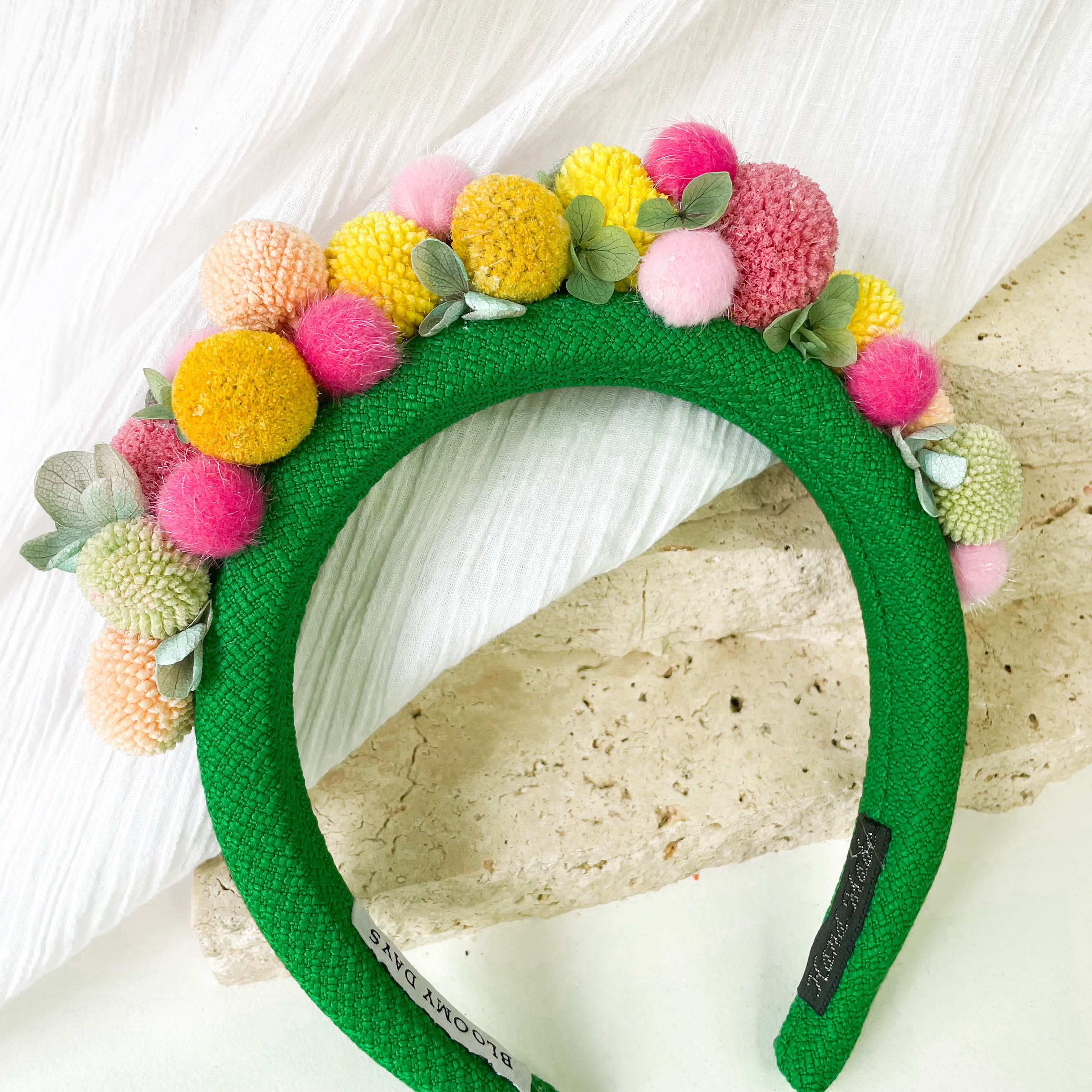 Green Pom Pom Floral Headband