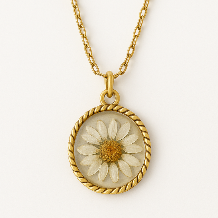 preserved flowers resin round rope pendant antique gold cable chain 