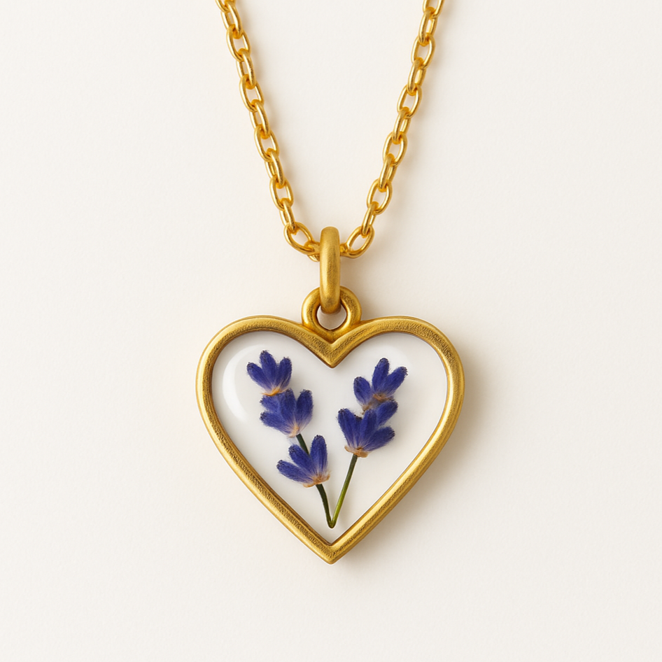 preserved flowers resin heart pendant antique gold cable chain 