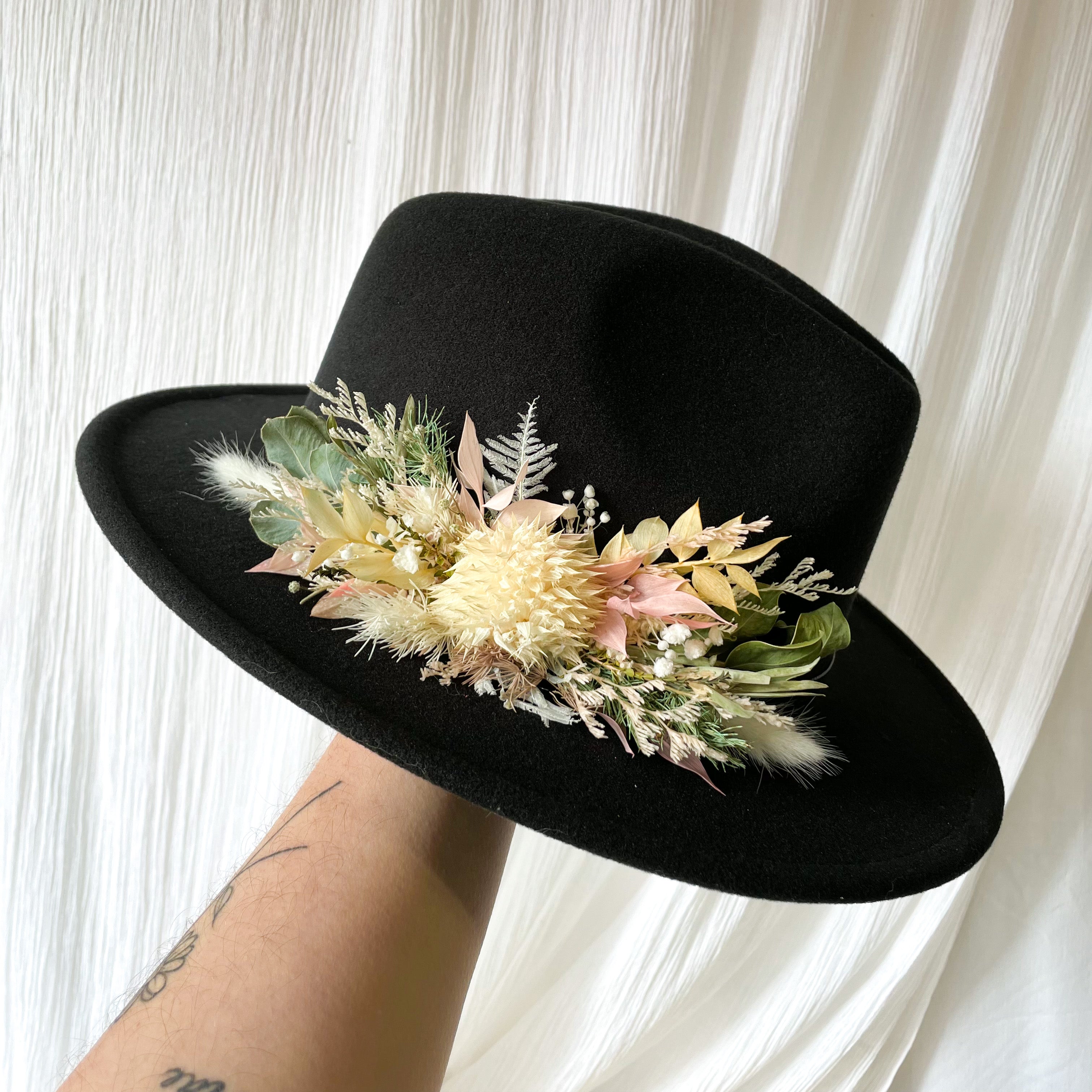 Black Dried Floral Hat - Medium