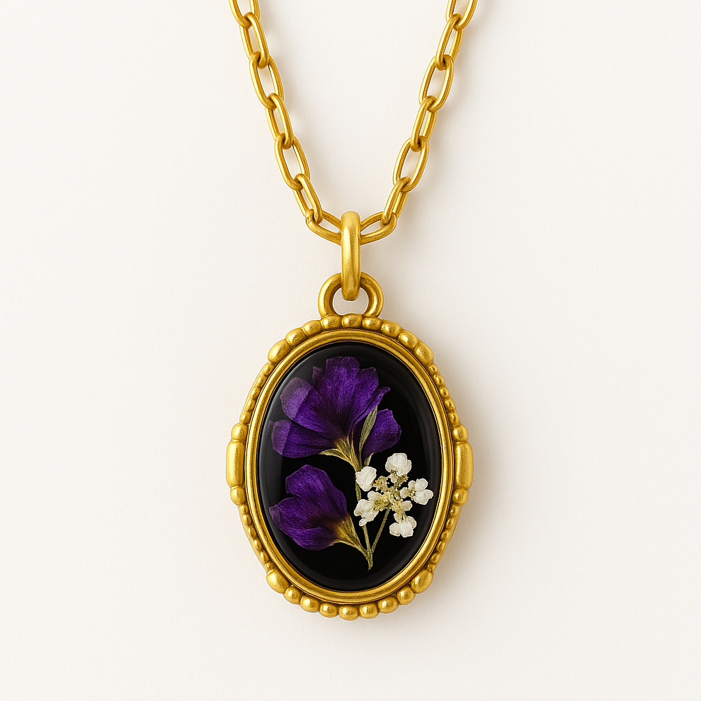 preserved flowers ornate resin oval pendant antique gold cable chain 