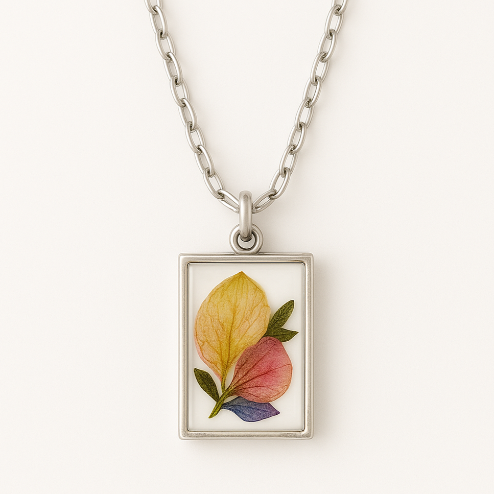 preserved flowers resin rectangle pendant sterling silver cable chain 